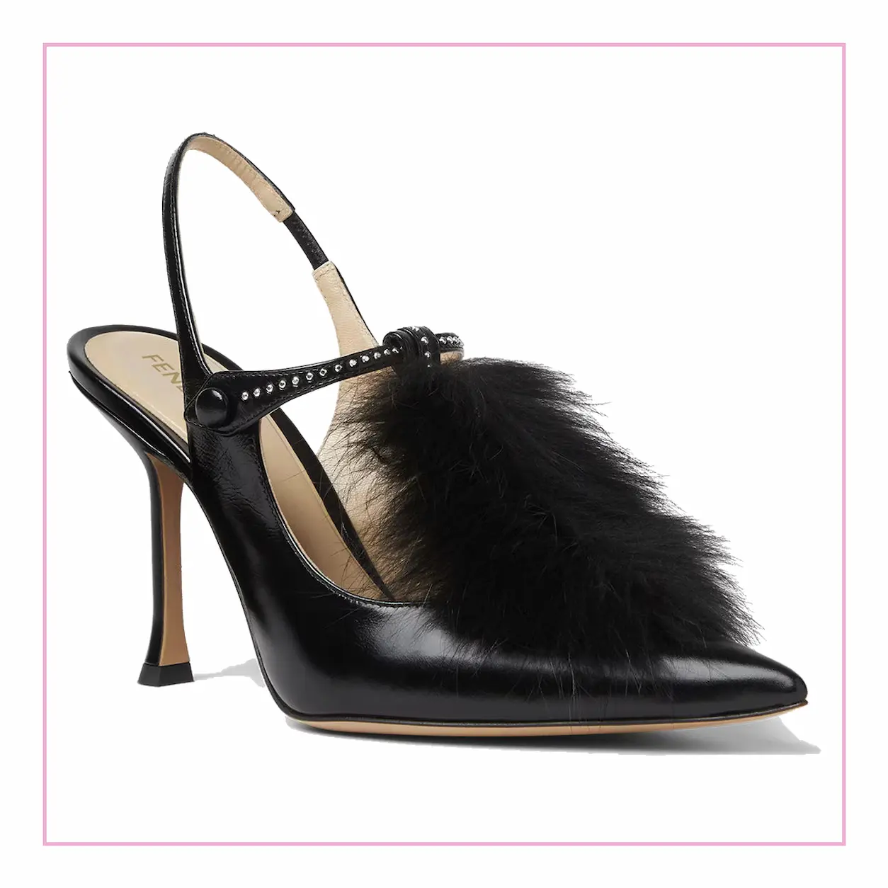 Fendi Noir slingback in pelle nera con punta affusolata, tacco alto e inserto in pelliccia nera