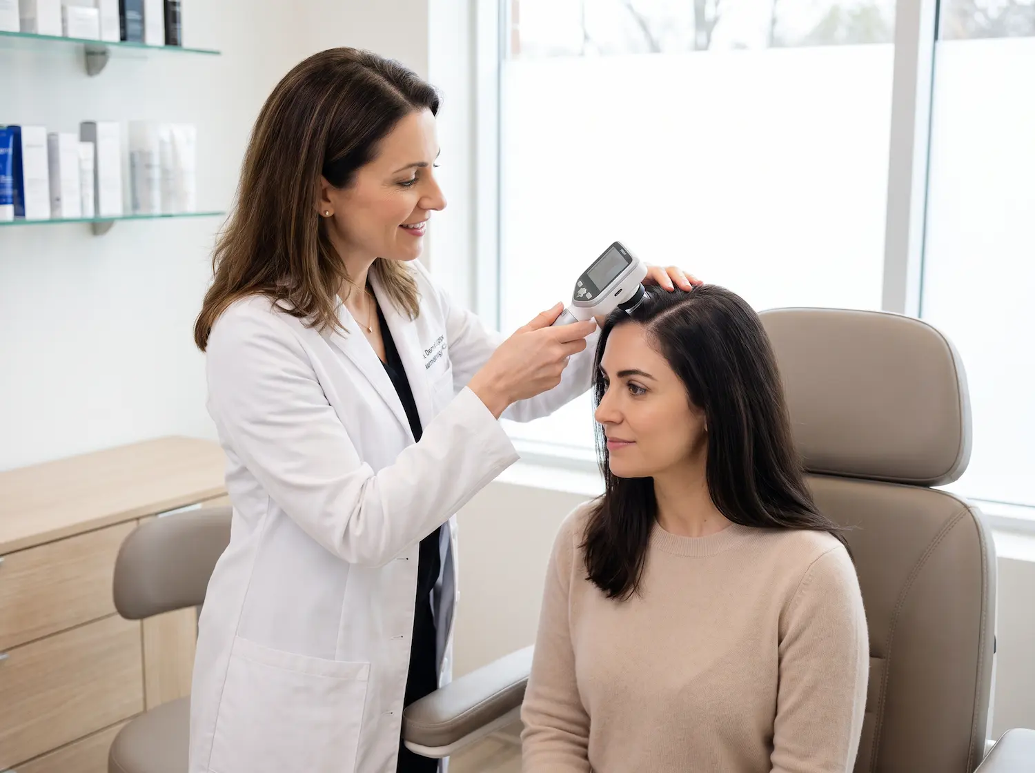 Dermatologa esamina il cuoio capelluto di una donna durante una visita tricologica per valutare il diradamento dei capelli
