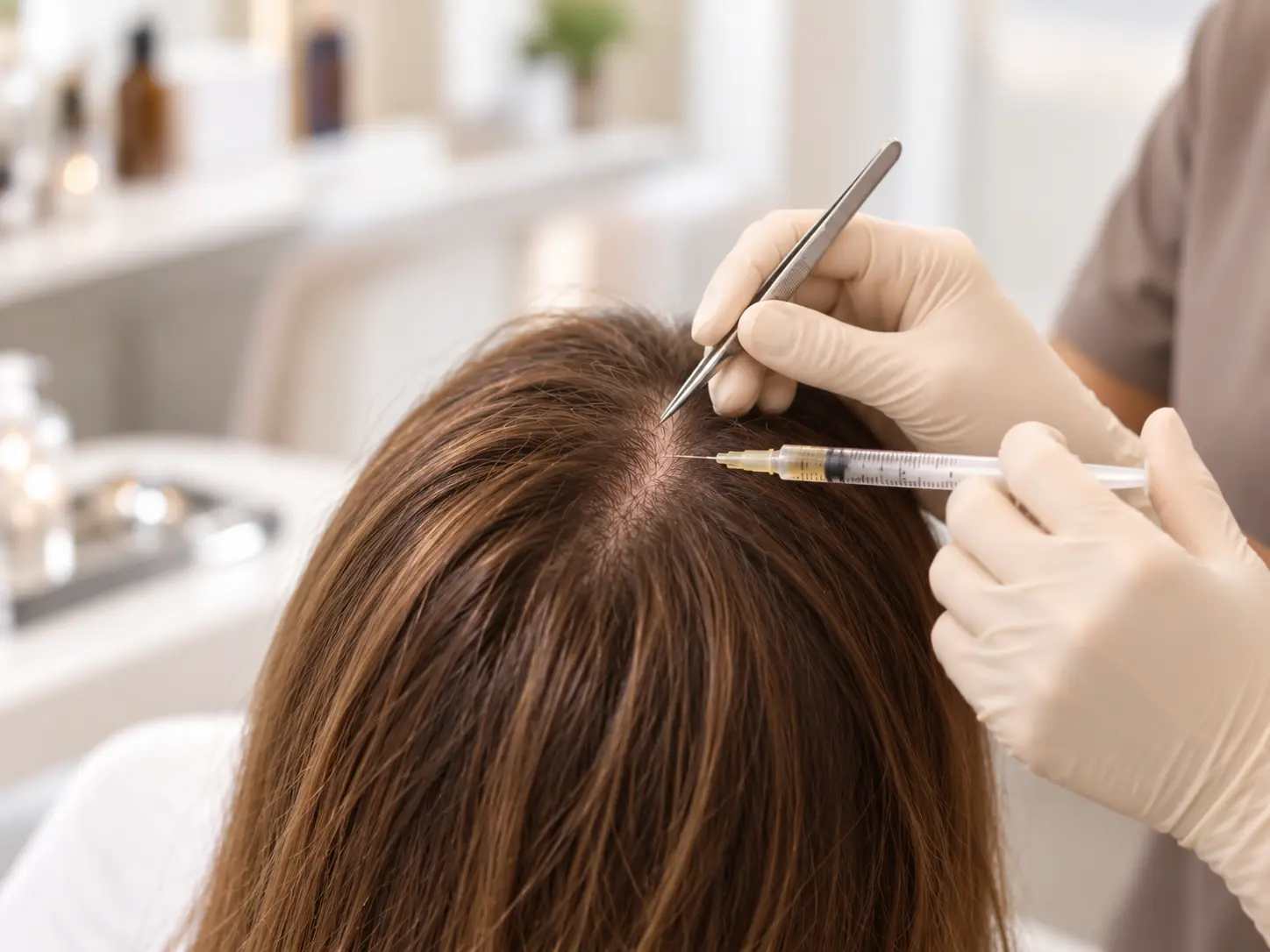 Iniezione di anestesia locale sul cuoio capelluto di una donna durante una procedura di trapianto di capelli