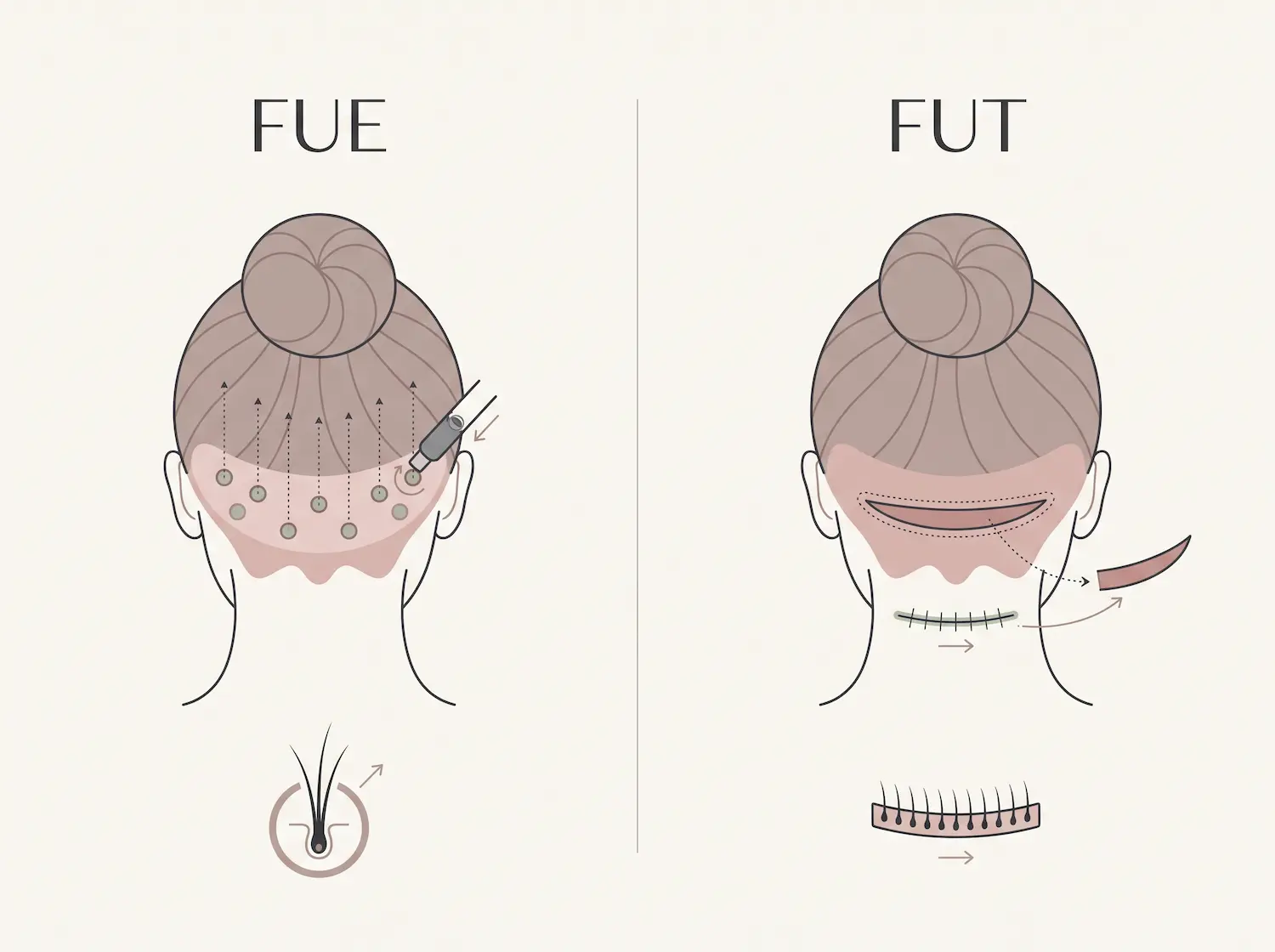Infografica FUE vs FUT: confronto tra estrazione follicolare e prelievo a striscia nel trapianto di capelli nelle donne