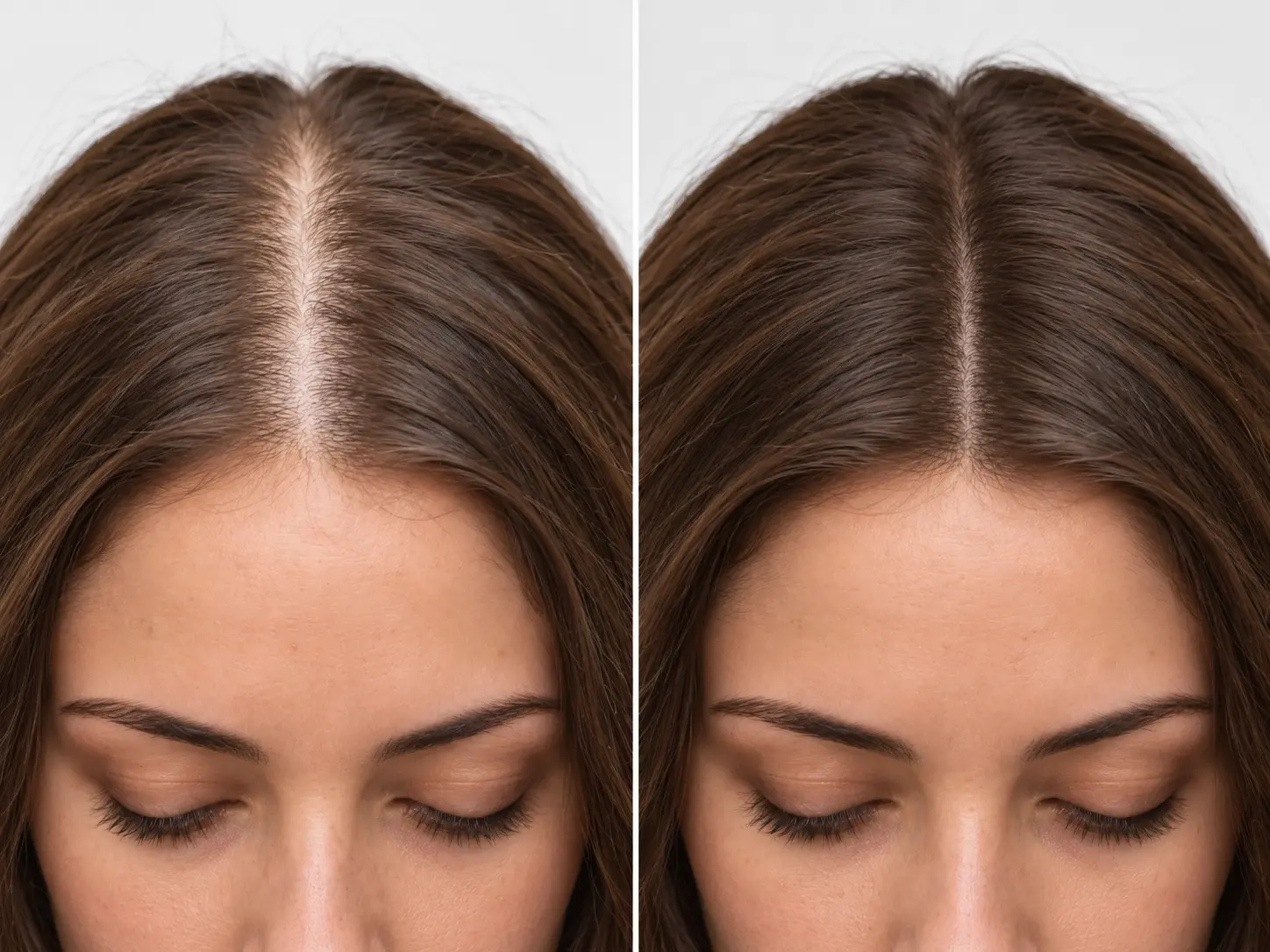 Confronto illustrativo della densità dei capelli in una donna prima e dopo un trapianto di capelli