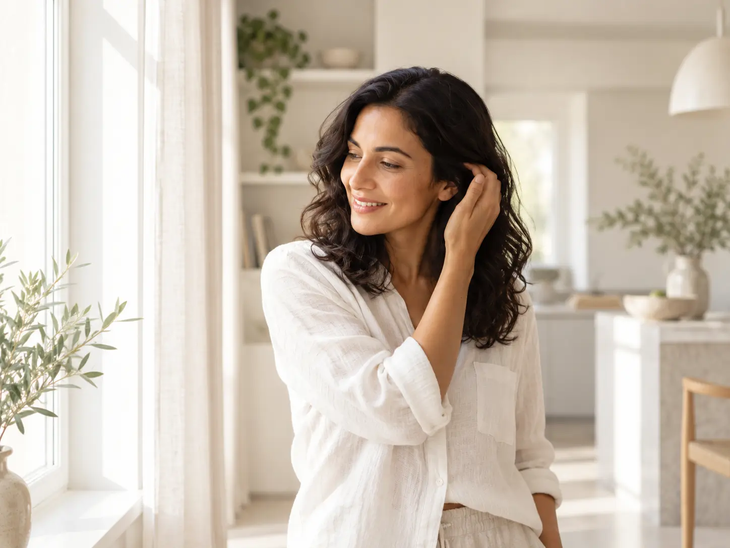 Donna sorridente con capelli folti e dall’aspetto più denso, immagine illustrativa sui benefici del trapianto di capelli