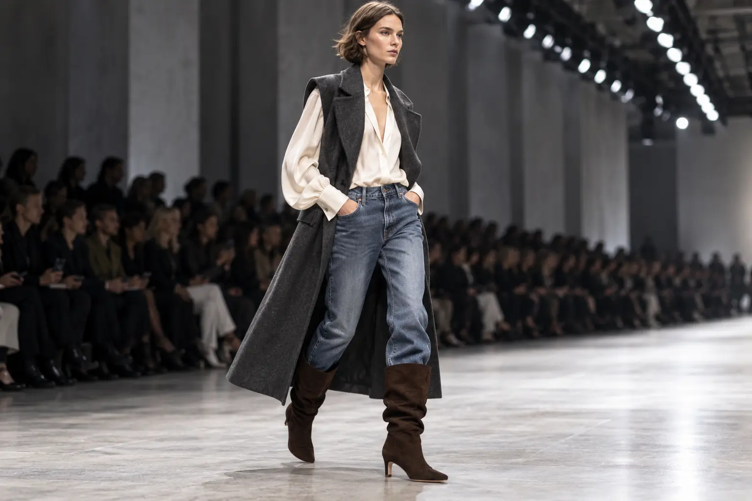 Modella in passerella con STAUD Wally Slouch Boot Espresso in suede marrone, jeans e cappotto grigio
