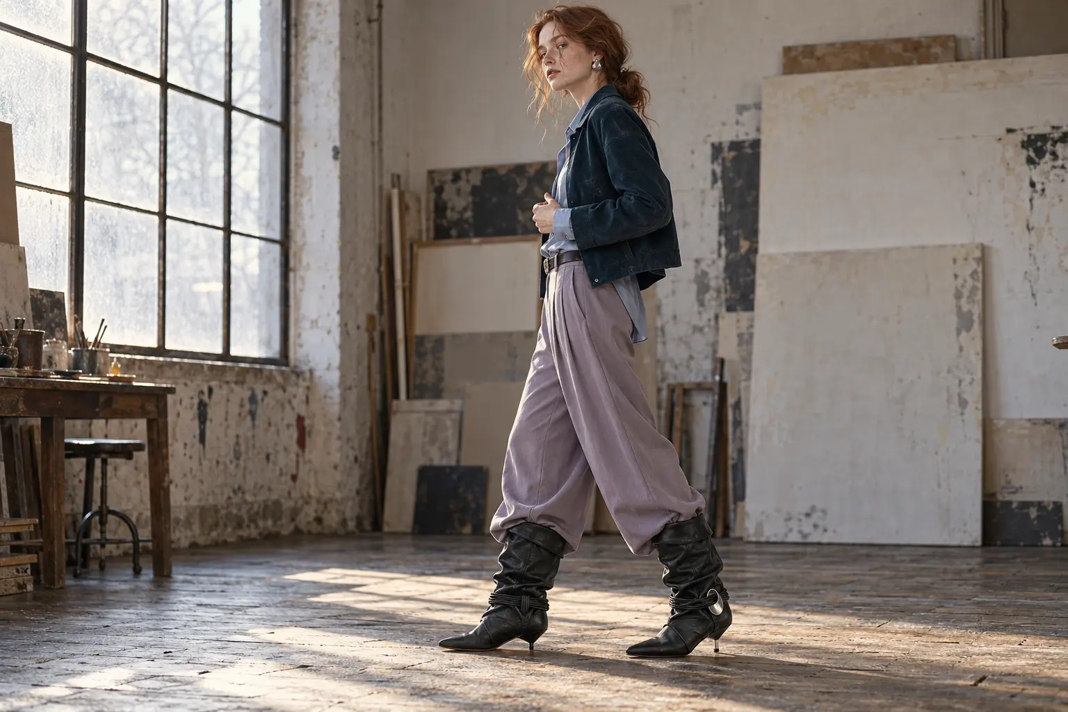 Donna con stivali Isabel Marant Edrika drappeggiati con gioielli, pantaloni lilla e giacca blu in un atelier