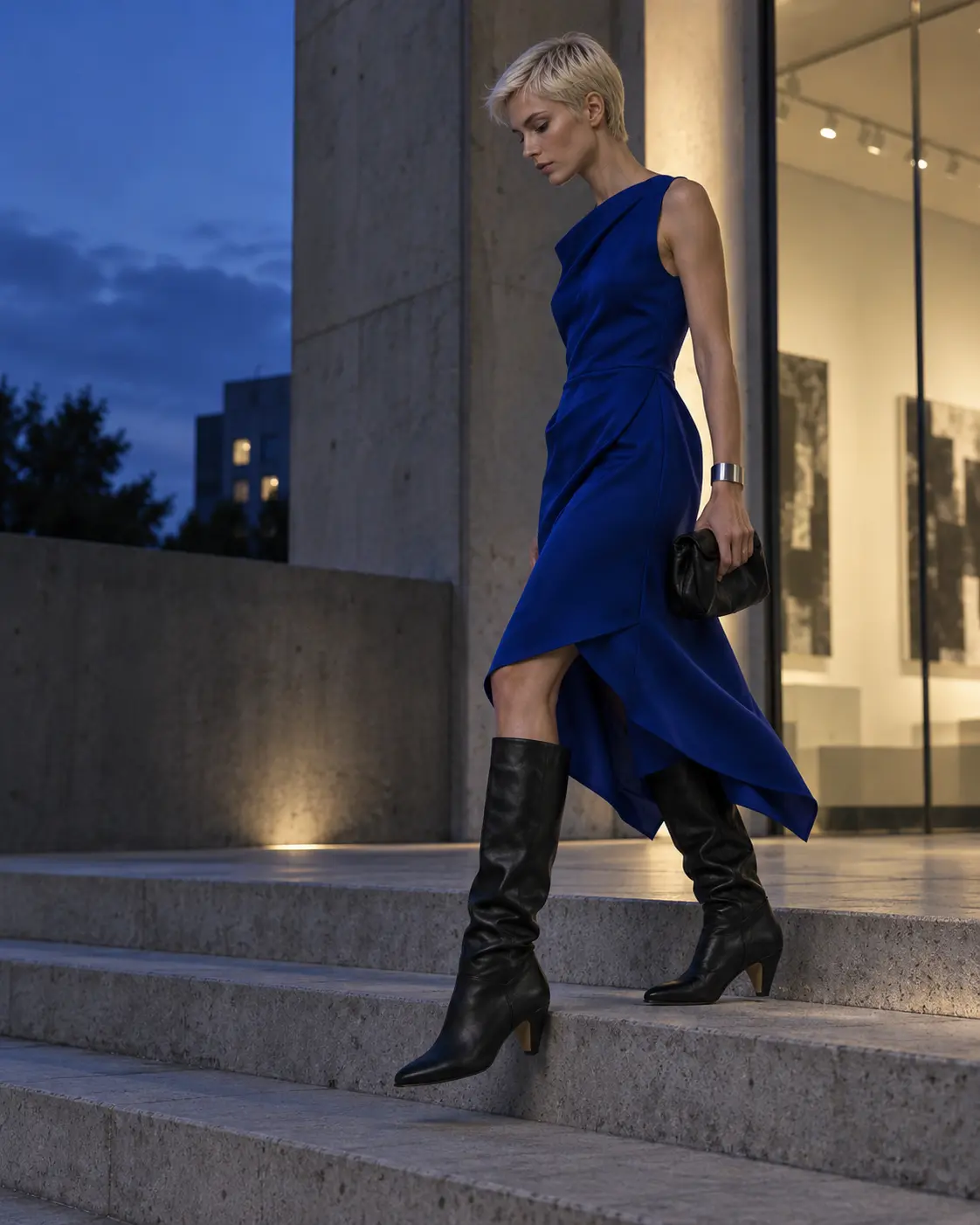 Donna con stivali Anonymous Copenhagen Jasmina 50 Stiletto neri e abito blu cobalto davanti a una galleria contemporanea