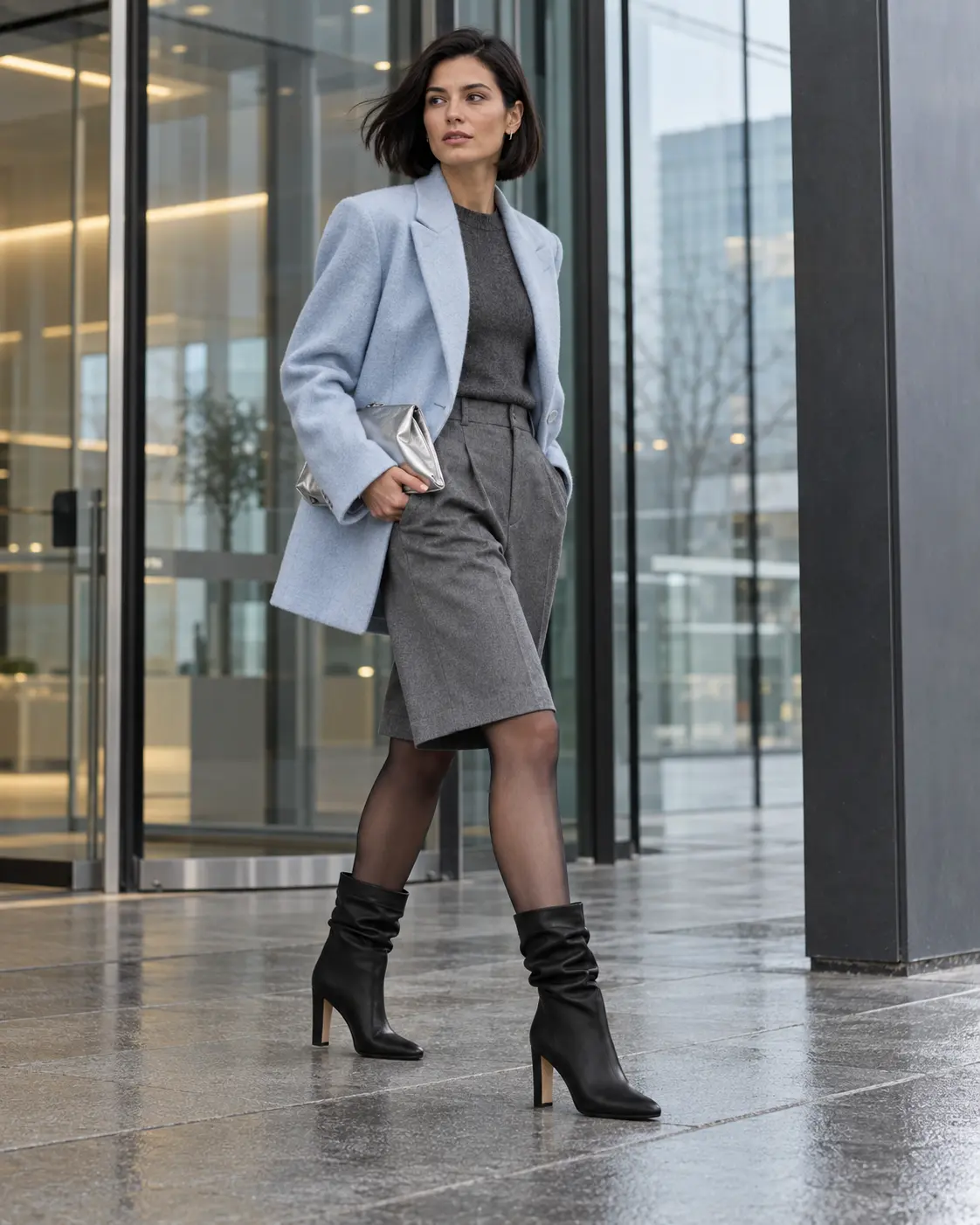 Donna con Manolo Blahnik Calasso 90 leather ankle boots neri, blazer azzurro e bermuda grigi