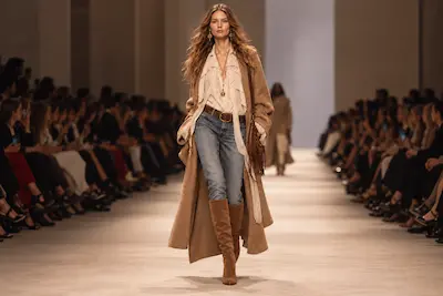 Modella in passerella con stivali slouchy marroni in suede, jeans e cappotto beige per l’Autunno Inverno 2026/2027.