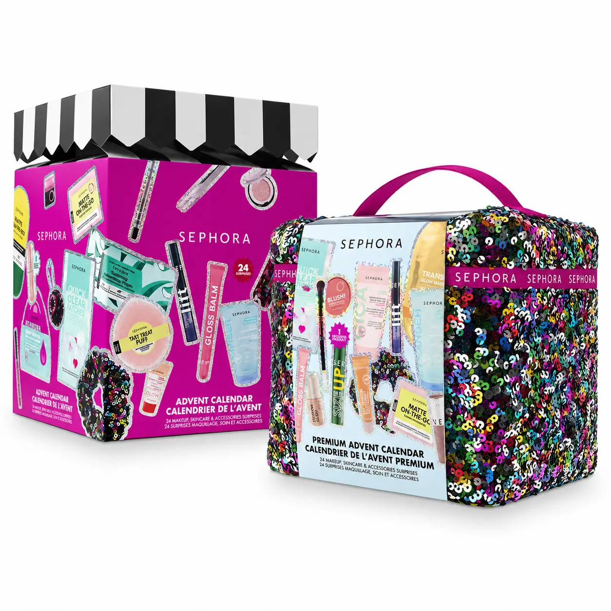 Calendari dell'Avvento Sephora Collection 2026, con beauty case Premium ricoperto di paillettes multicolori e confezione fucsia illustrata.
