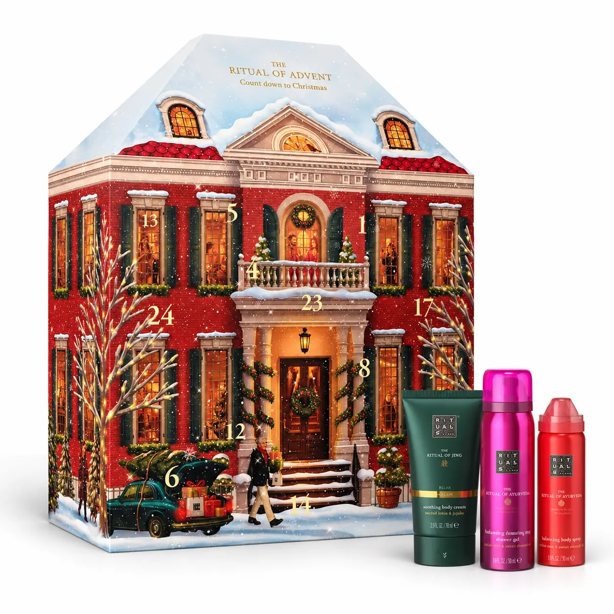 Calendario dell'Avvento Rituals Classic con confezione a forma di casa natalizia innevata e prodotti Rituals disposti davanti.