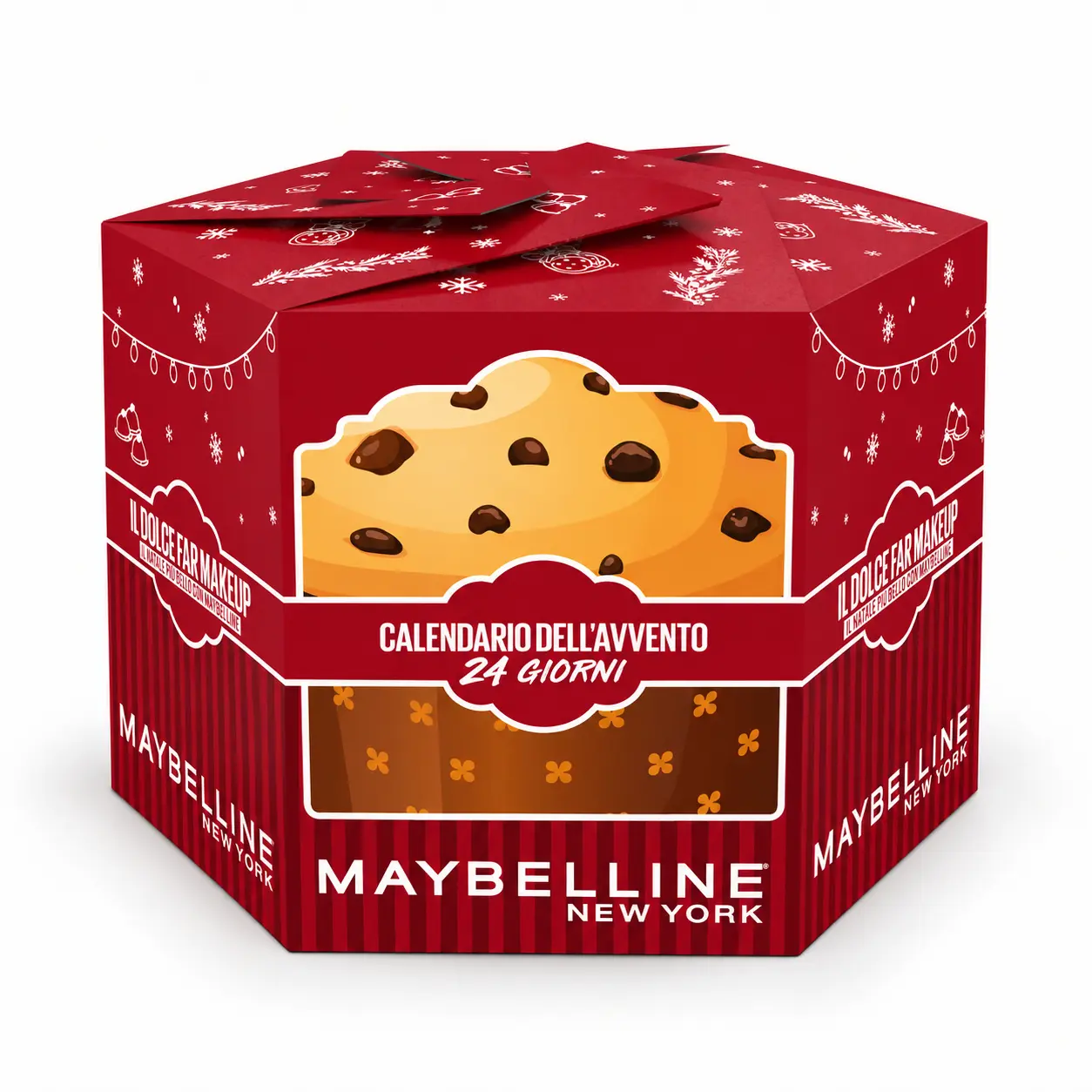 Calendario dell'Avvento Maybelline Il Dolce Far Makeup 2026, confezione rossa ispirata al panettone con 24 sorprese beauty.