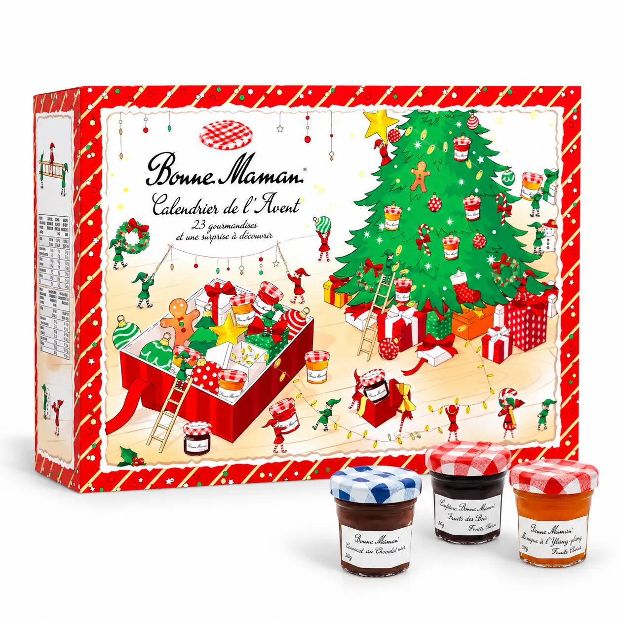 Calendario dell'Avvento Bonne Maman 2026 con confezione natalizia illustrata, albero di Natale e tre vasetti assortiti di confetture e creme in primo piano.