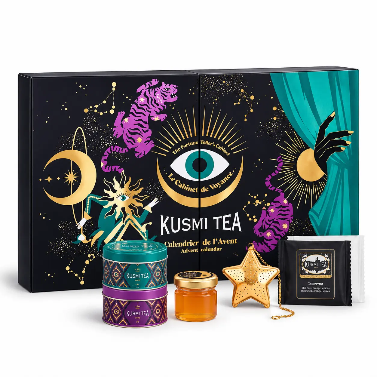 Calendario dell'Avvento Kusmi Tea Bio 2026 Le Cabinet de Voyance, con confezione illustrata, miniature di tè, infusore a stella e specialità da degustare.