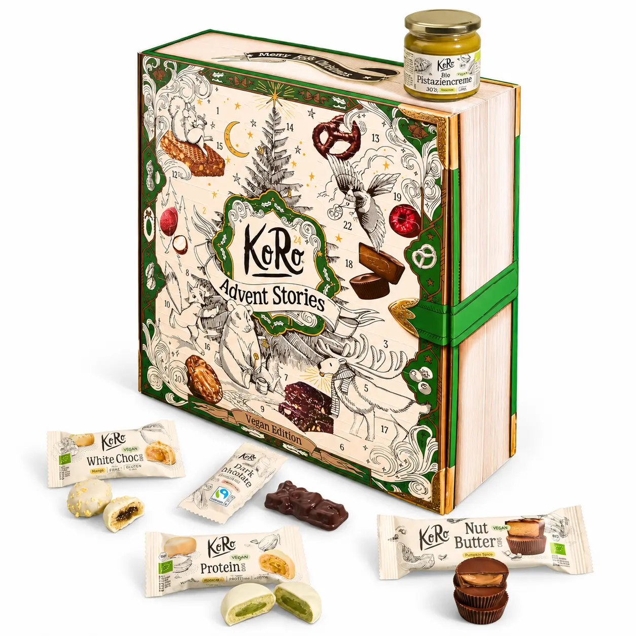 Calendario dell'Avvento KoRo Advent Stories Vegan Edition 2026, con confezione illustrata a forma di libro, crema di pistacchio e snack vegani assortiti.