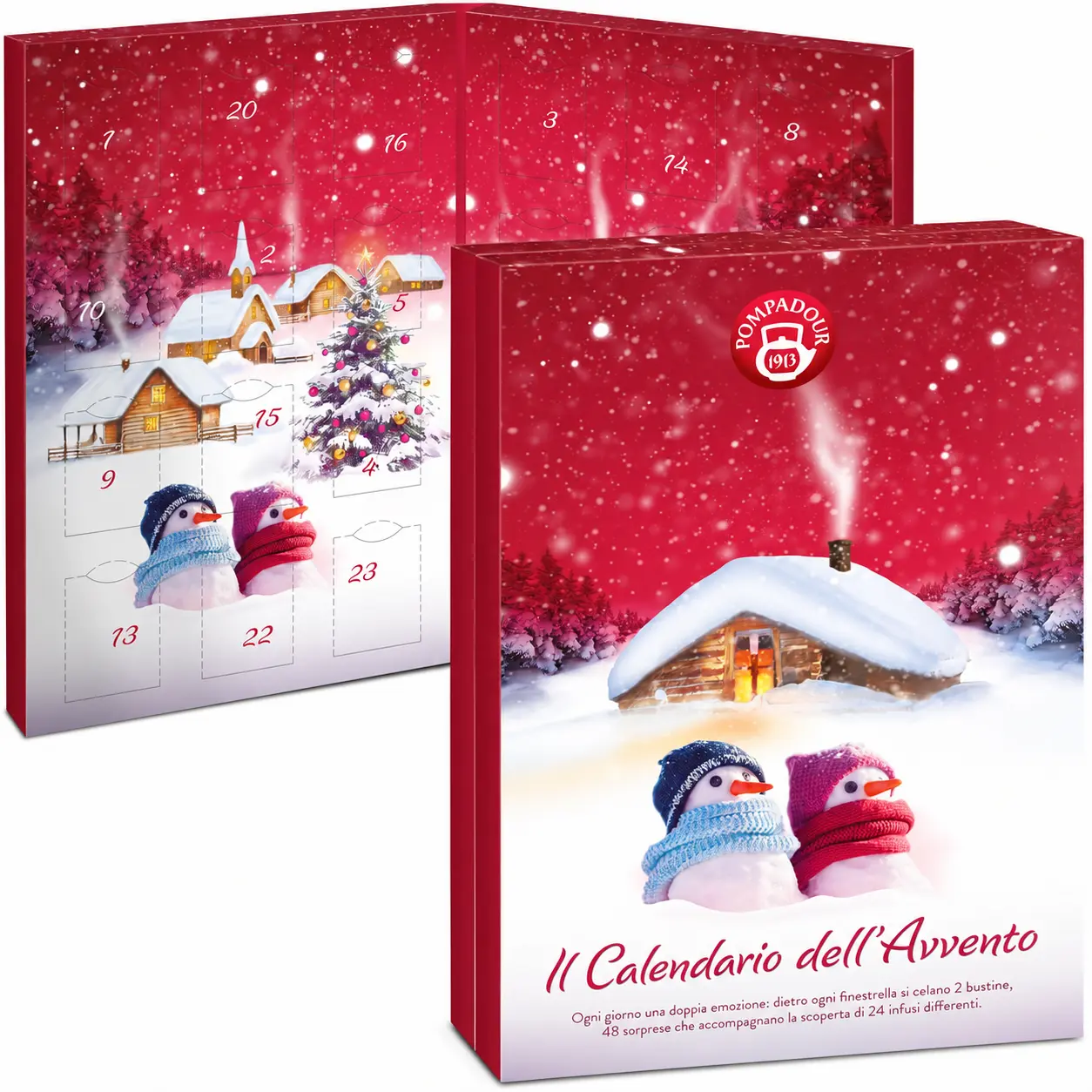 Calendario dell'Avvento Pompadour con confezione rossa illustrata, paesaggio natalizio innevato, due pupazzi di neve e 24 bustine di infusi.