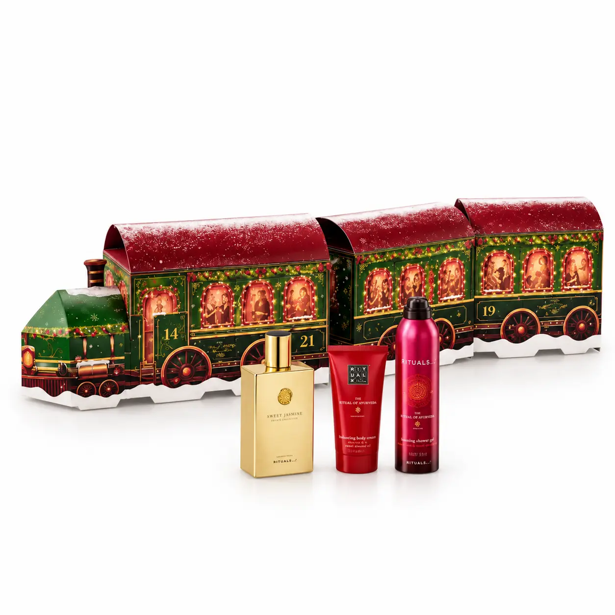 Calendario dell'Avvento Rituals Premium 2026 a forma di trenino natalizio verde e rosso, con prodotti per il corpo e fragranze Rituals.