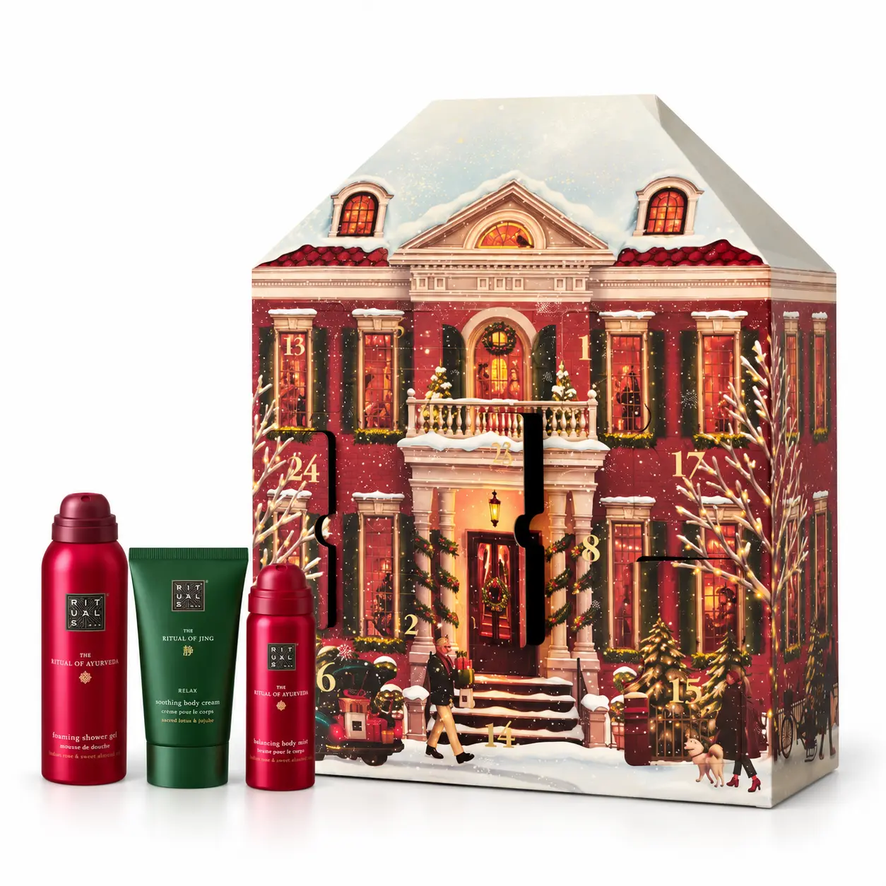 Calendario dell’Avvento Rituals Classic 2026 a forma di casetta natalizia innevata, con prodotti Rituals per la doccia e la cura del corpo.