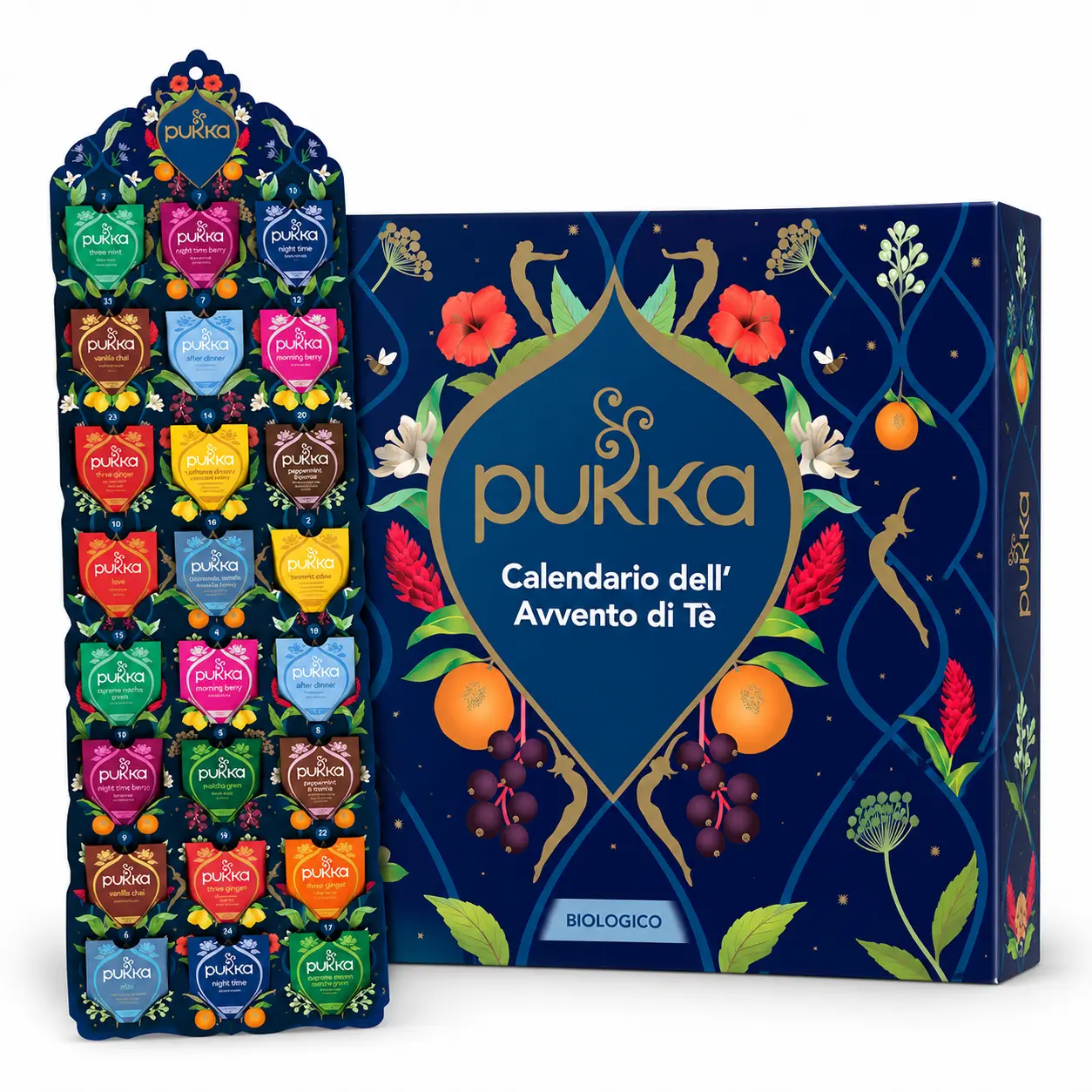Calendario dell’Avvento Pukka con 24 bustine di tè e tisane biologiche, confezione blu notte decorata con fiori e illustrazioni botaniche e assortimento di infusi colorati.