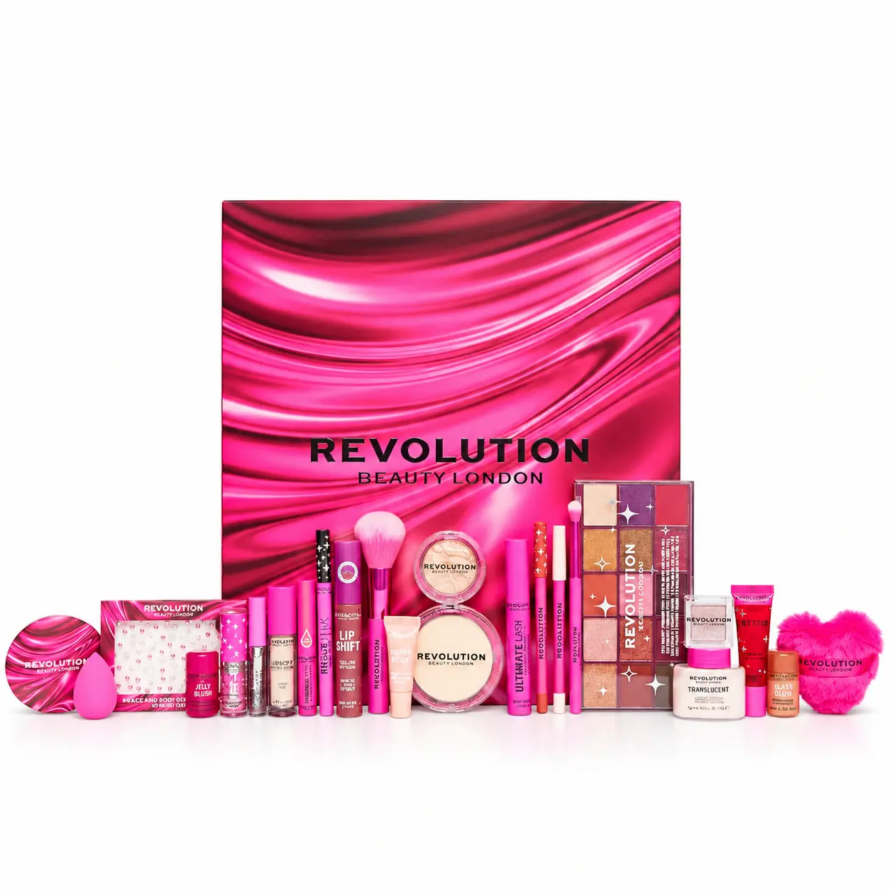 Calendario dell’Avvento Revolution Beauty 2026 con confezione fucsia e assortimento di prodotti make-up, fra palette di ombretti, mascara, gloss, blush, pennelli e accessori beauty.