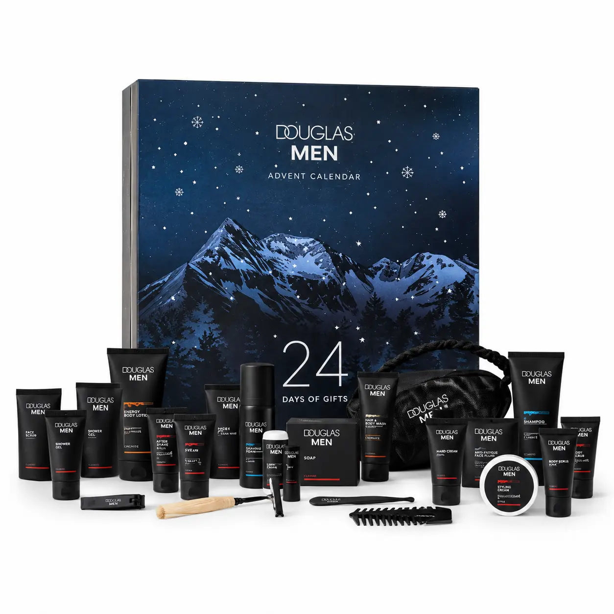 Calendario dell’Avvento Douglas Collection Men 2026, confezione blu con paesaggio montano innevato e assortimento di prodotti per viso, corpo, capelli e rasatura.