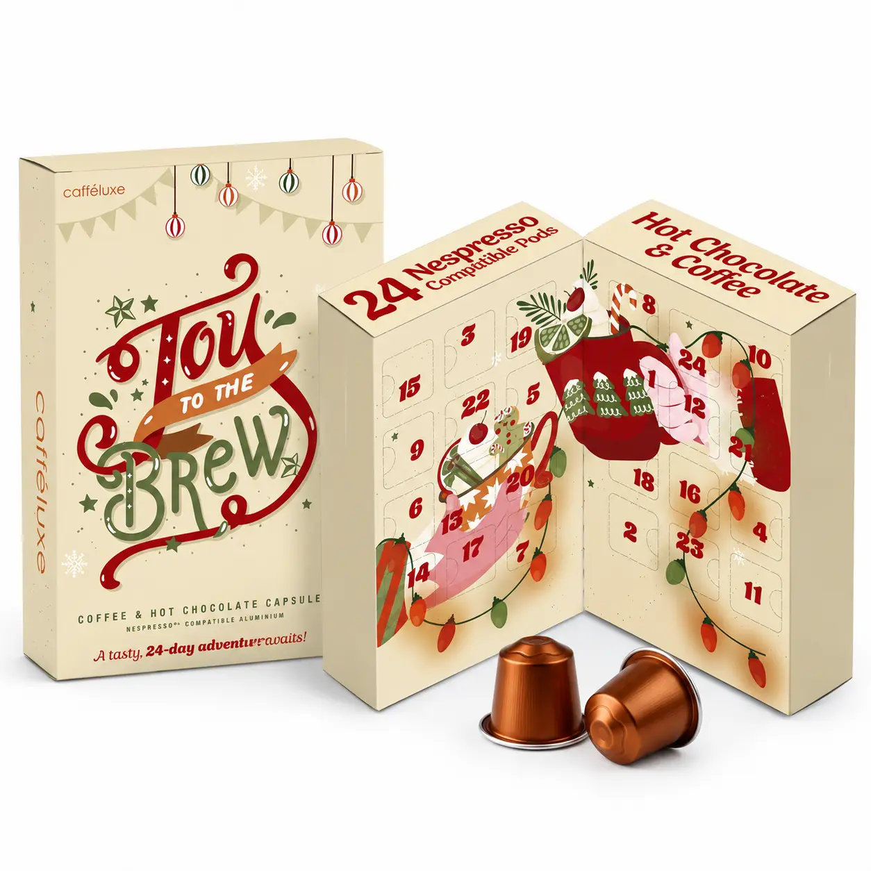 Calendario dell’Avvento Cafféluxe con confezione natalizia beige e rossa, 24 caselle e capsule di caffè e cioccolata calda compatibili con Nespresso Original.