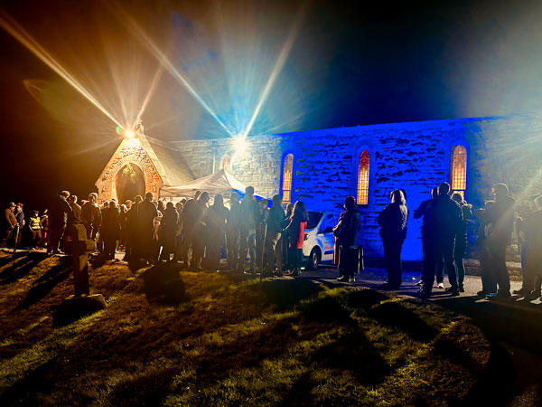 Queue outside Curtlestown Church for event at Riverscapes, a 2025 Festival by the Shaking Bog