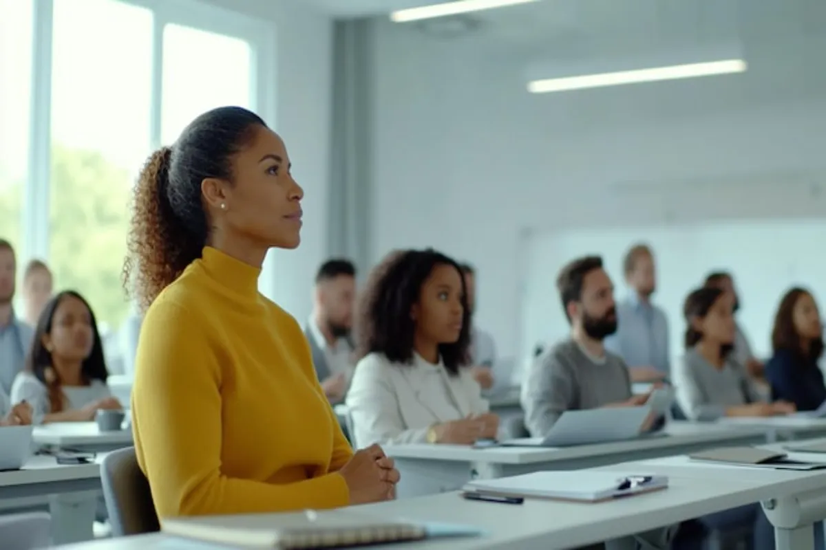 Faculdade presencial com alunos assistindo aula em sala de aula moderna