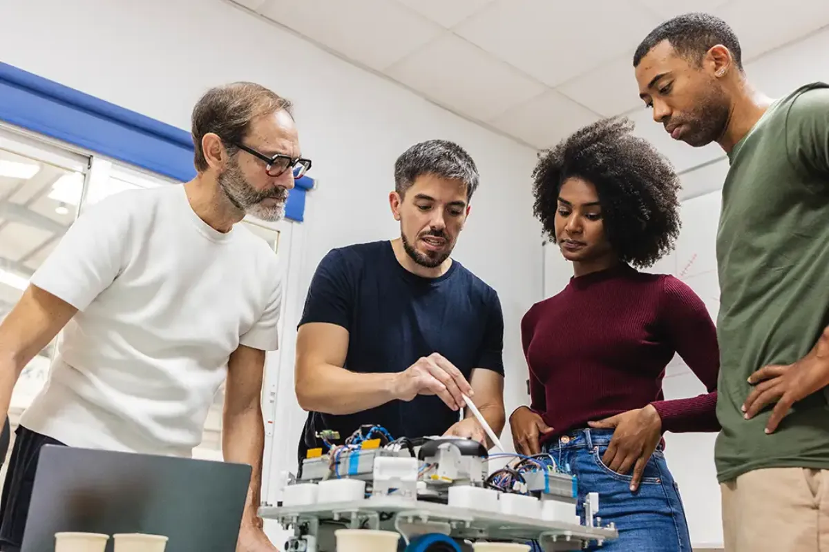 4 alunos em pé observando um equipamento de cursos de tecnologia