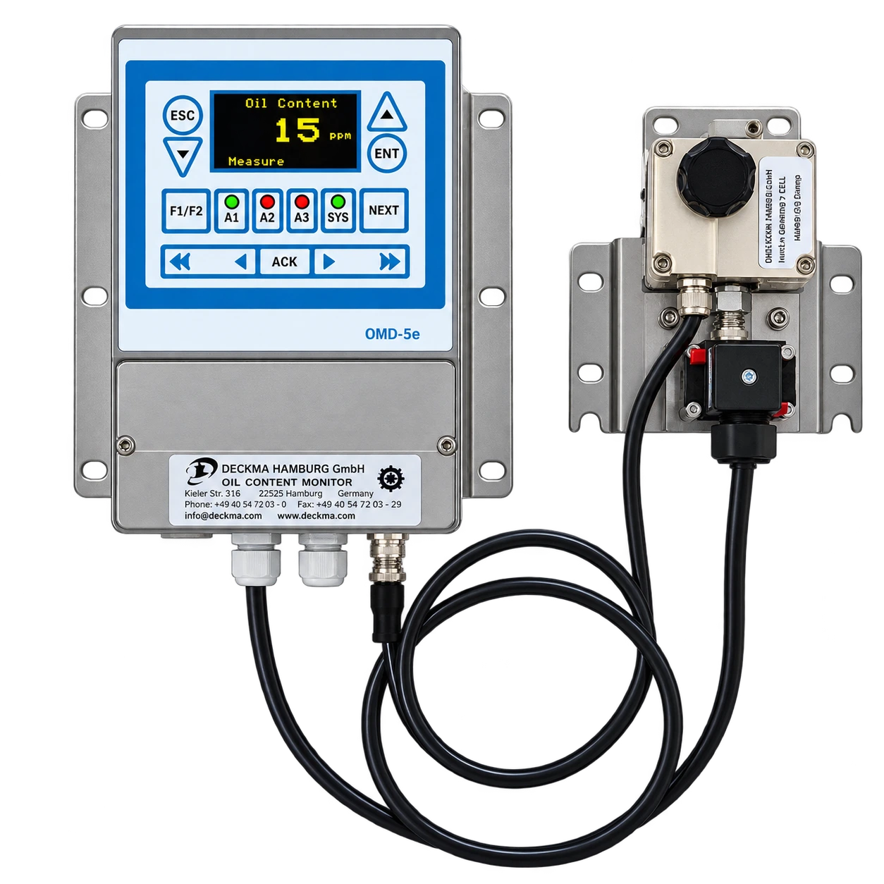 Illustration of Deckma oil content monitor with measuring cell and connecting cables