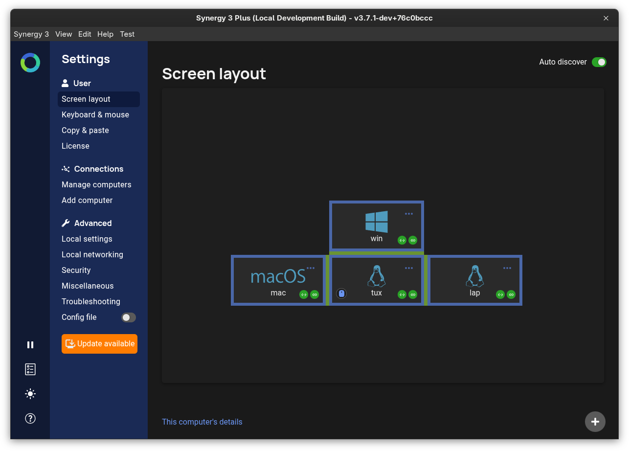 Synergy 3.7.1 in dark mode, showing the Screen layout page
