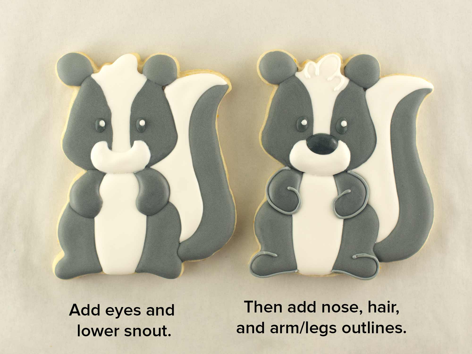 Valentine skunk cookie decorating with royal icing