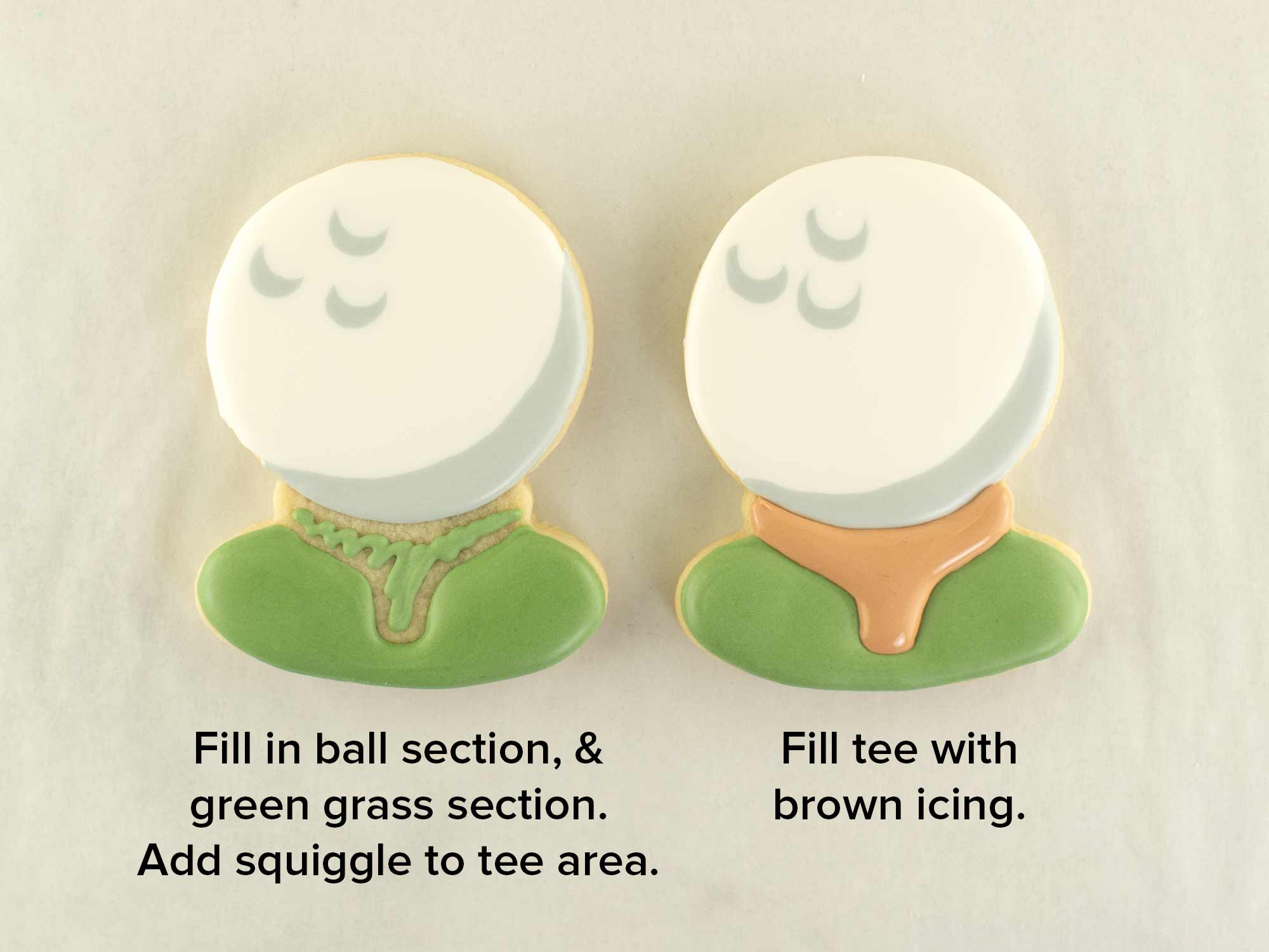 decorating a golf ball cookie with royal icing