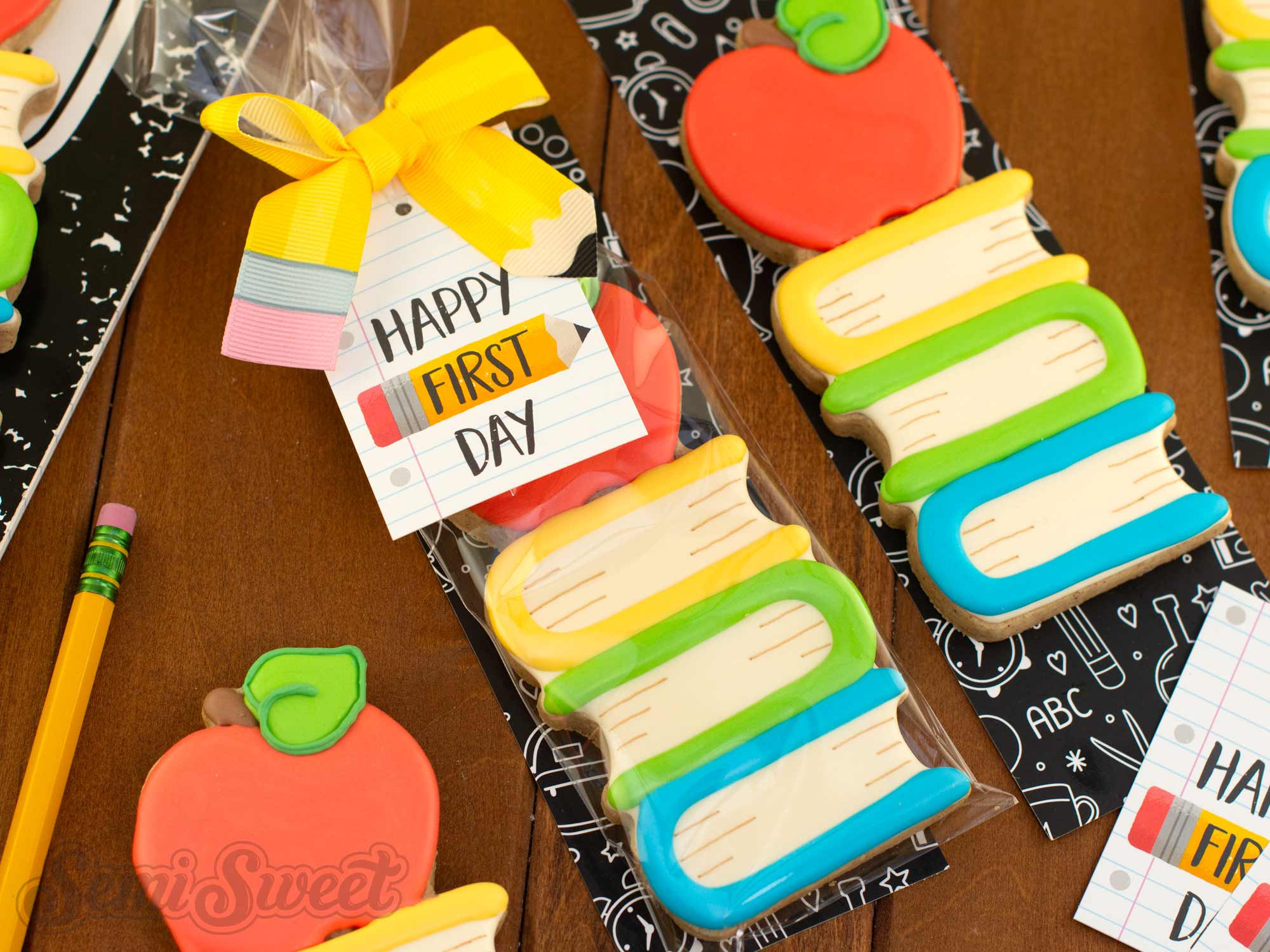 cookie packaging for back-to-school. Pre-tied pencil bow and tag