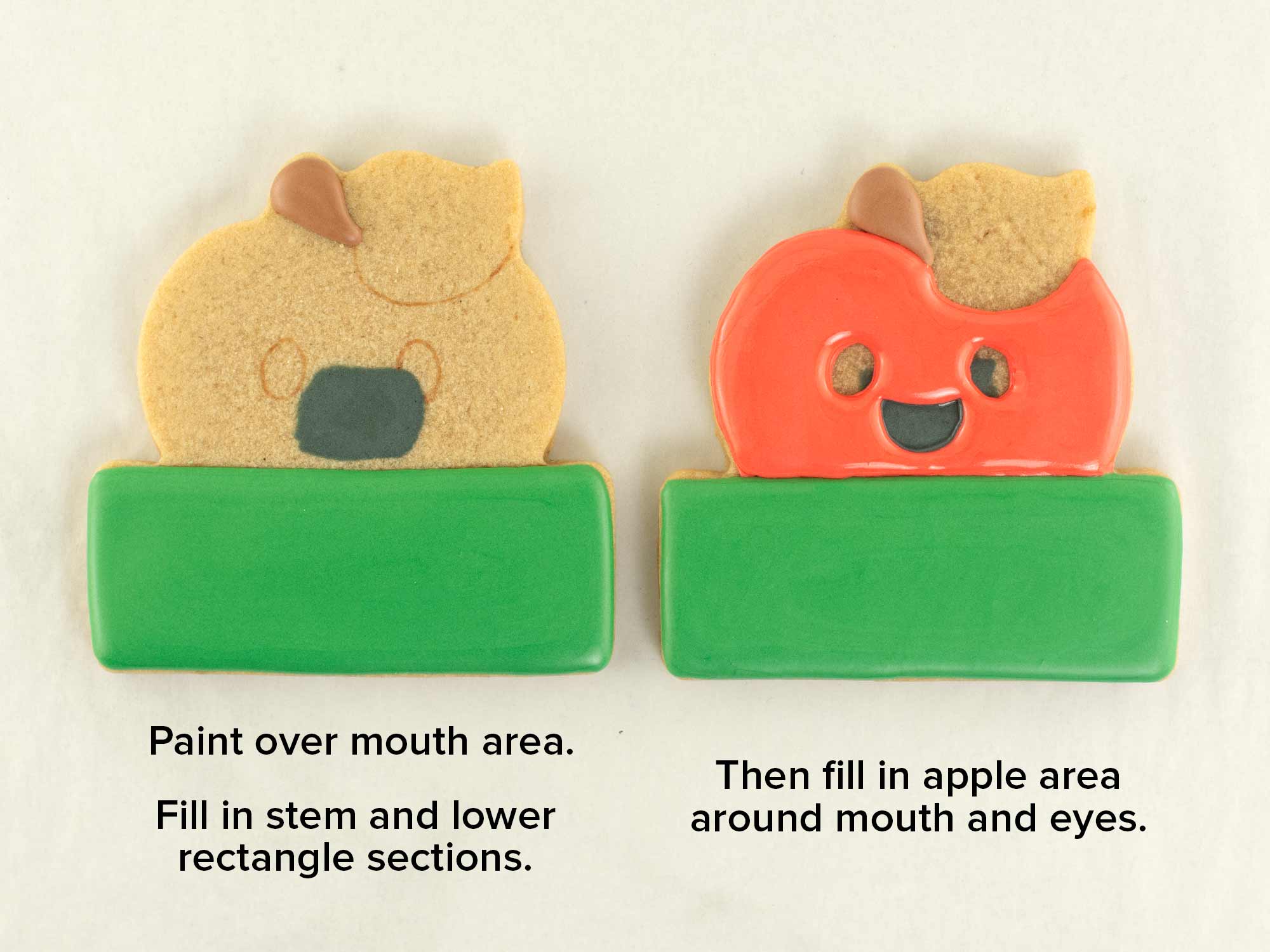 decorating an apple cookie with royal icing