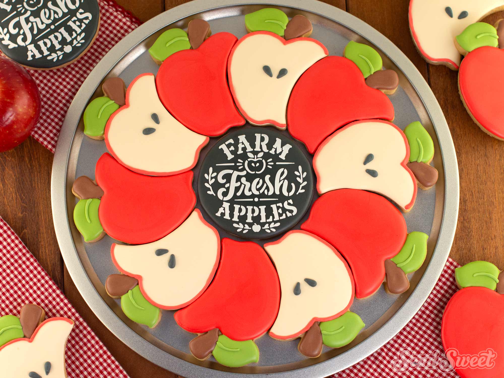 complete overlapping apple cookie platter on a tray