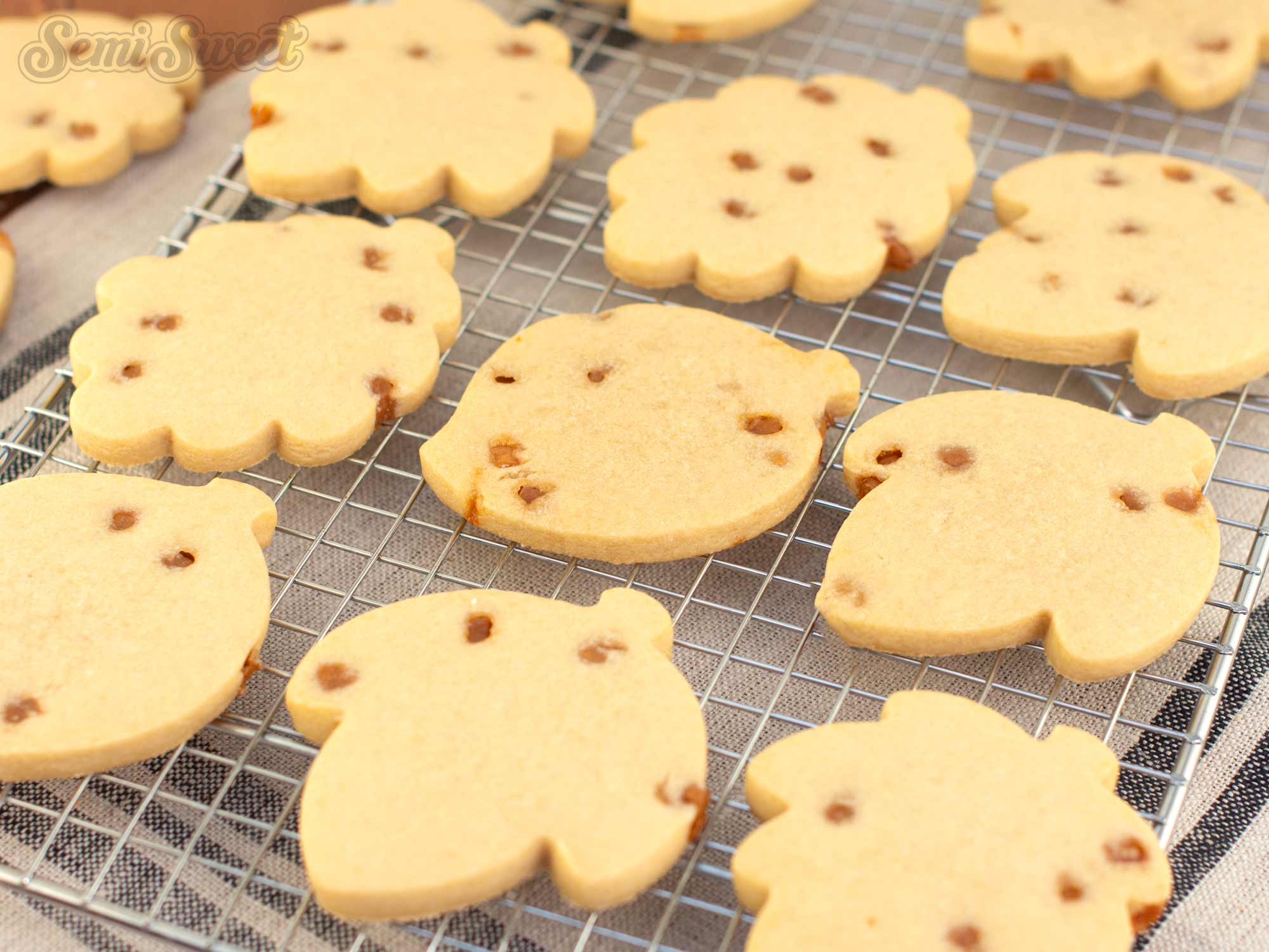 cooling rack of salted caramel cutout cookies
