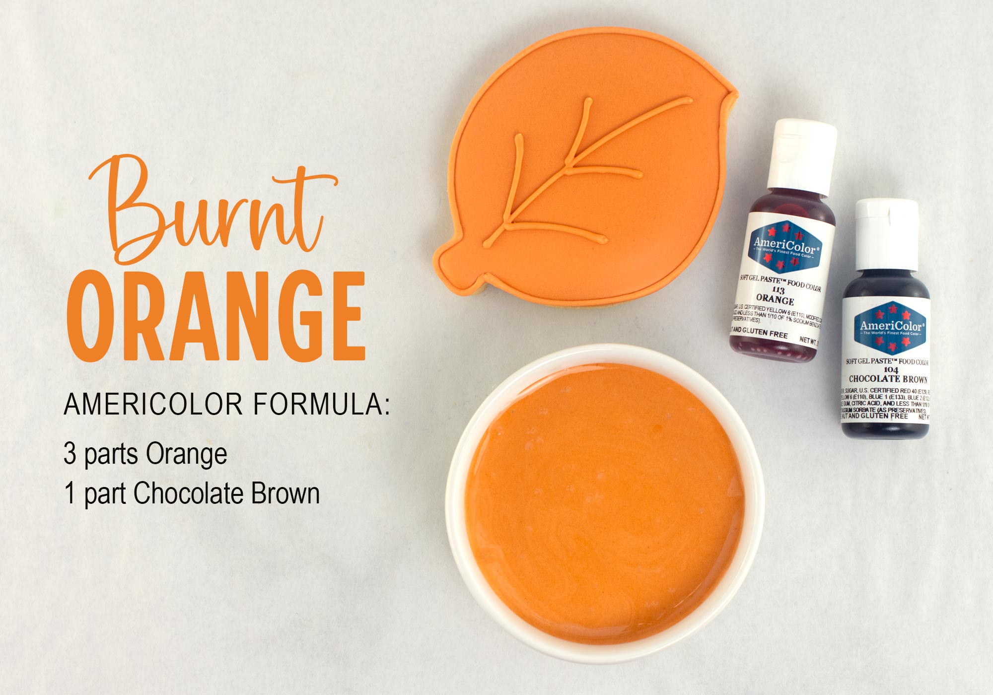 Burnt Orange fall royal icing color with AmeriColor gel food coloring formula