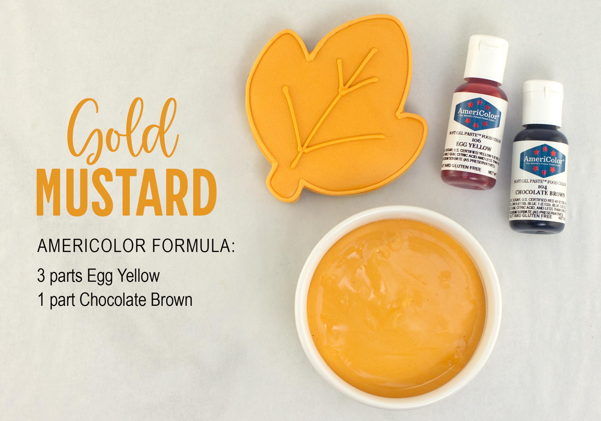 Gold Mustard yellow royal icing color with AmeriColor gel food coloring formula