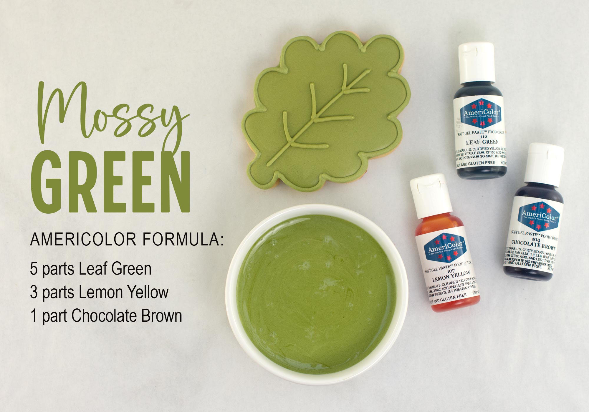 Mossy green royal icing color with AmeriColor gel food coloring formula