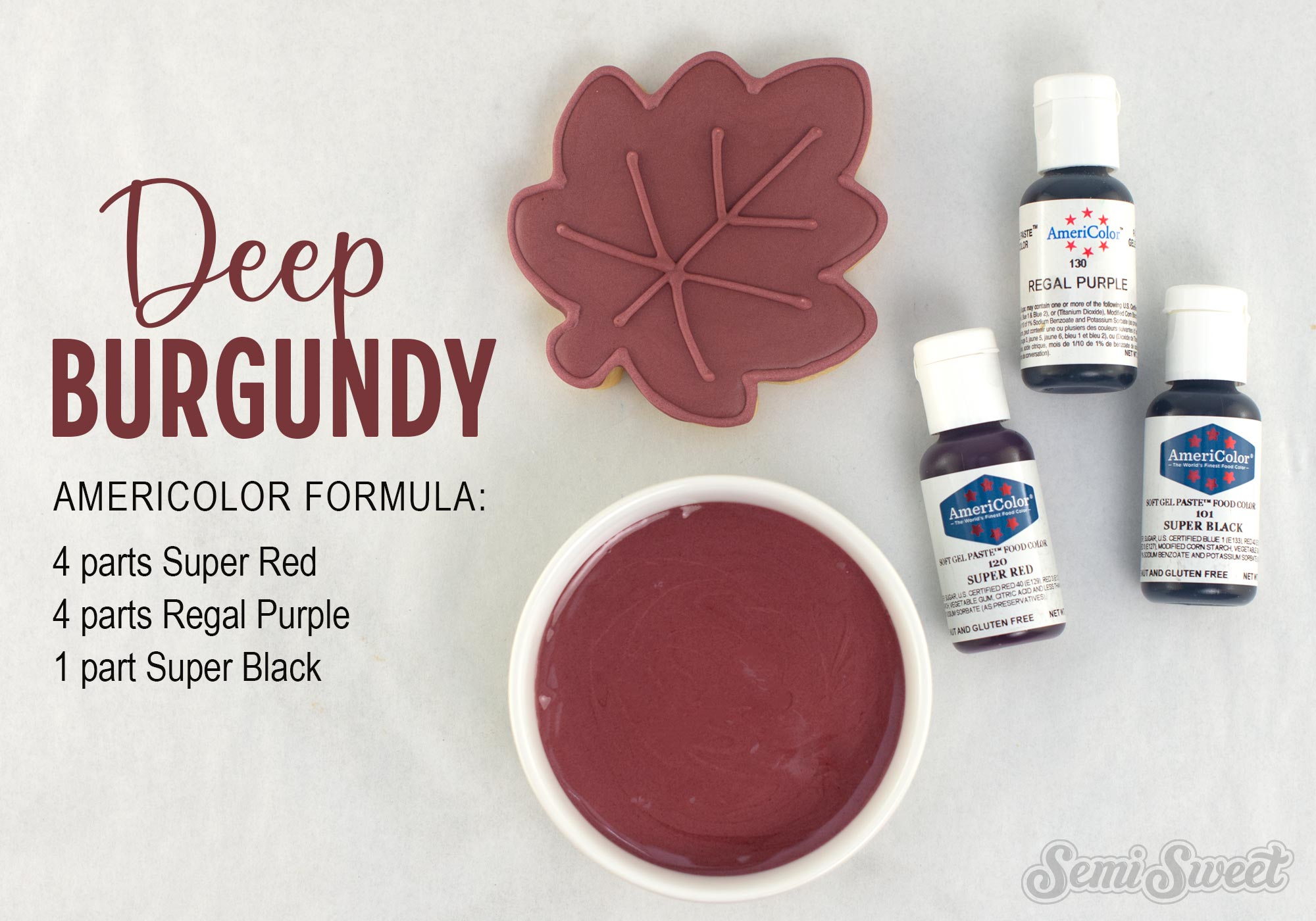 deep burgundy is a deep red royal icing color with AmeriColor gel food coloring formula