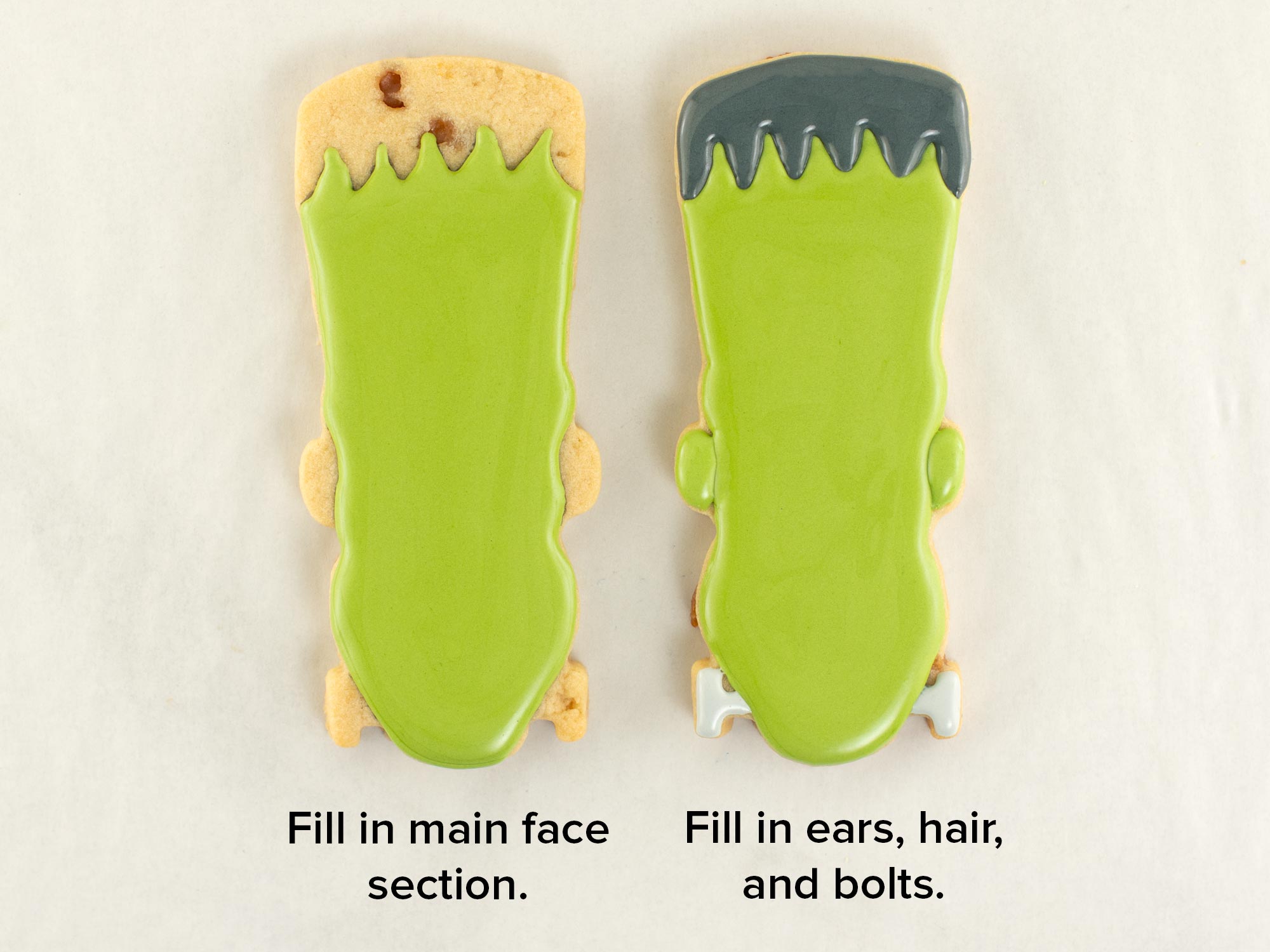first steps to decorating a Frankenstein cookie with royal icing