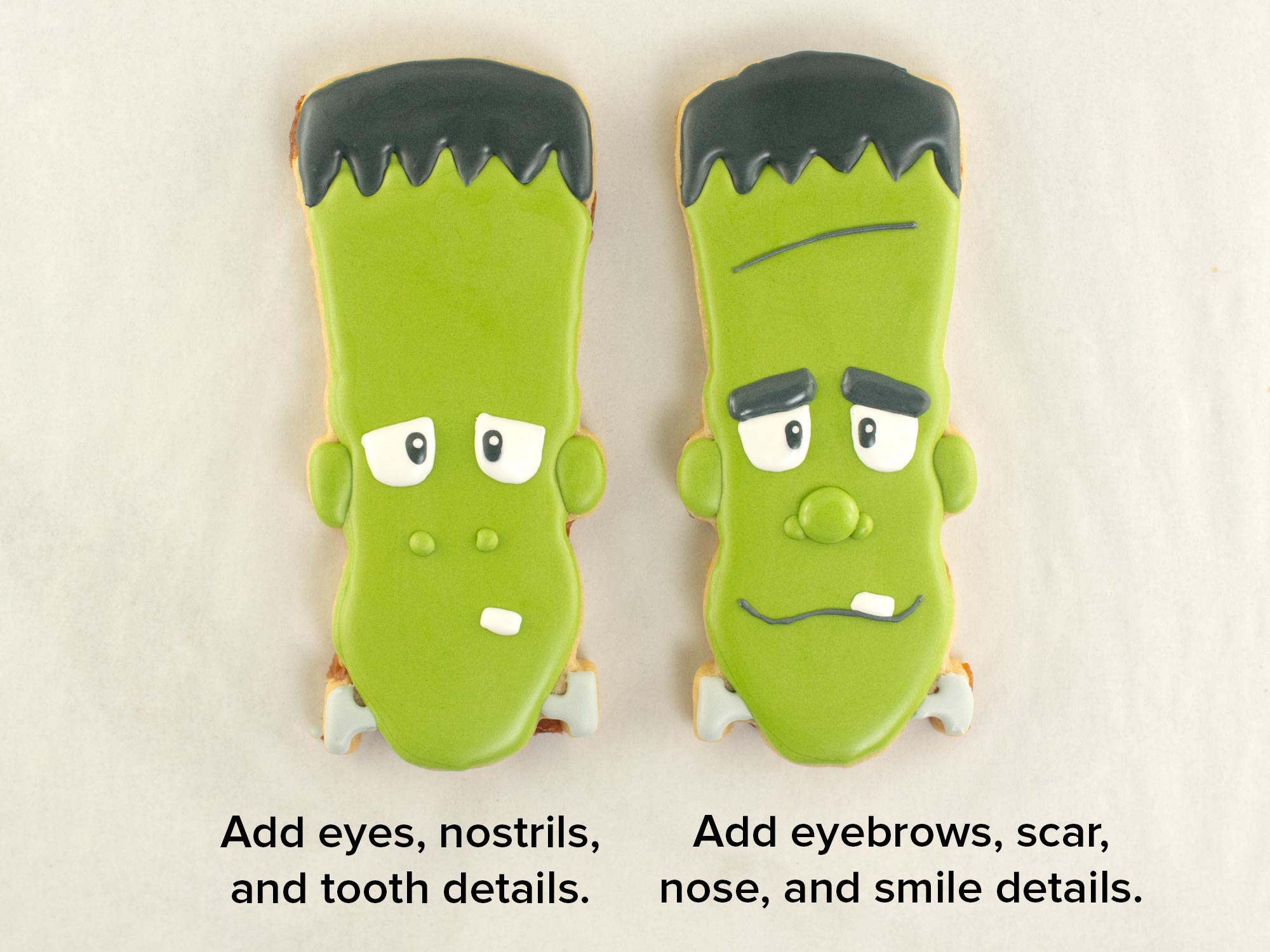 the middle steps to decorating a Frankenstein cookie by adding the eyes.