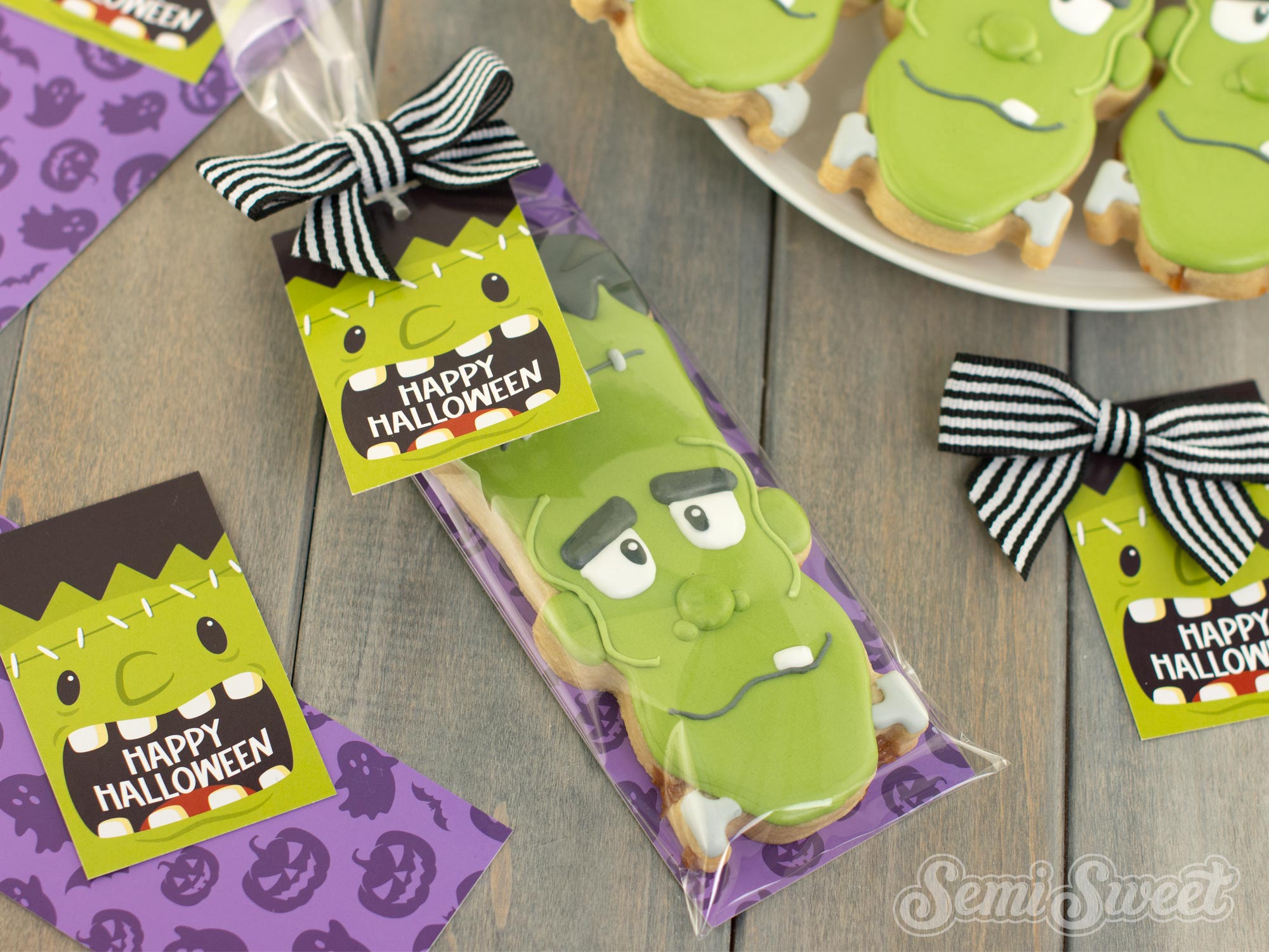 Halloween cookie packaging for the Frankenstein cookie
