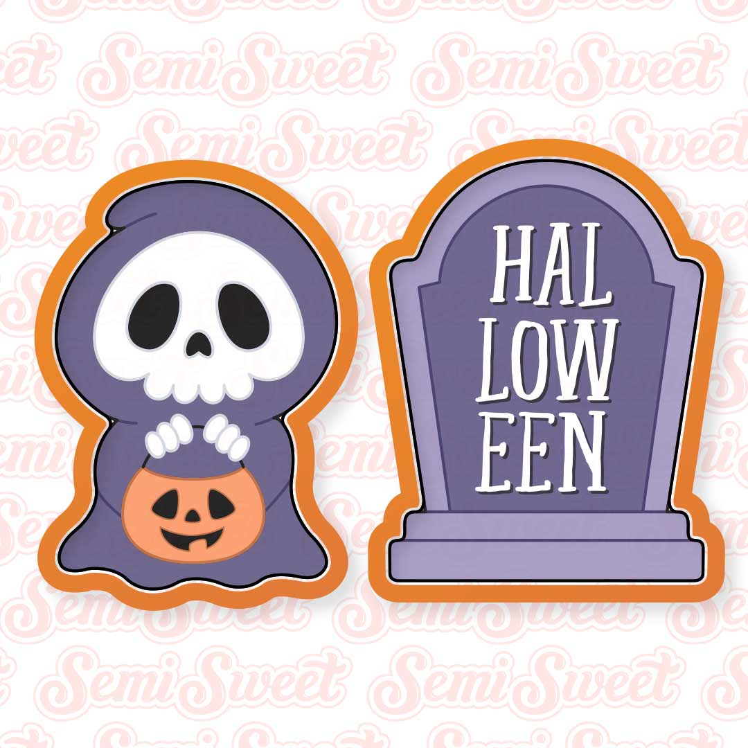 a Halloween cookie cutter set of a grim reaper and a tombstone