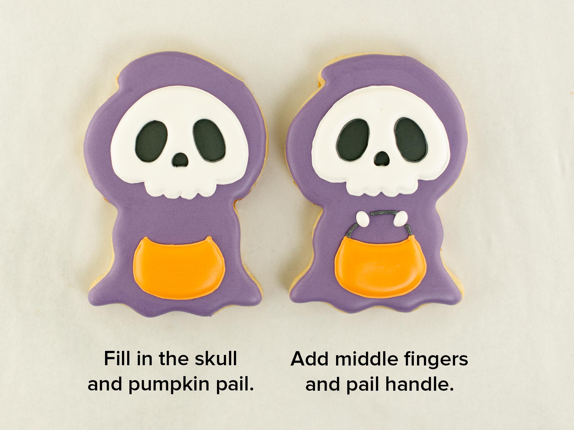 middle steps of decorating grim reaper cookies with royal icing