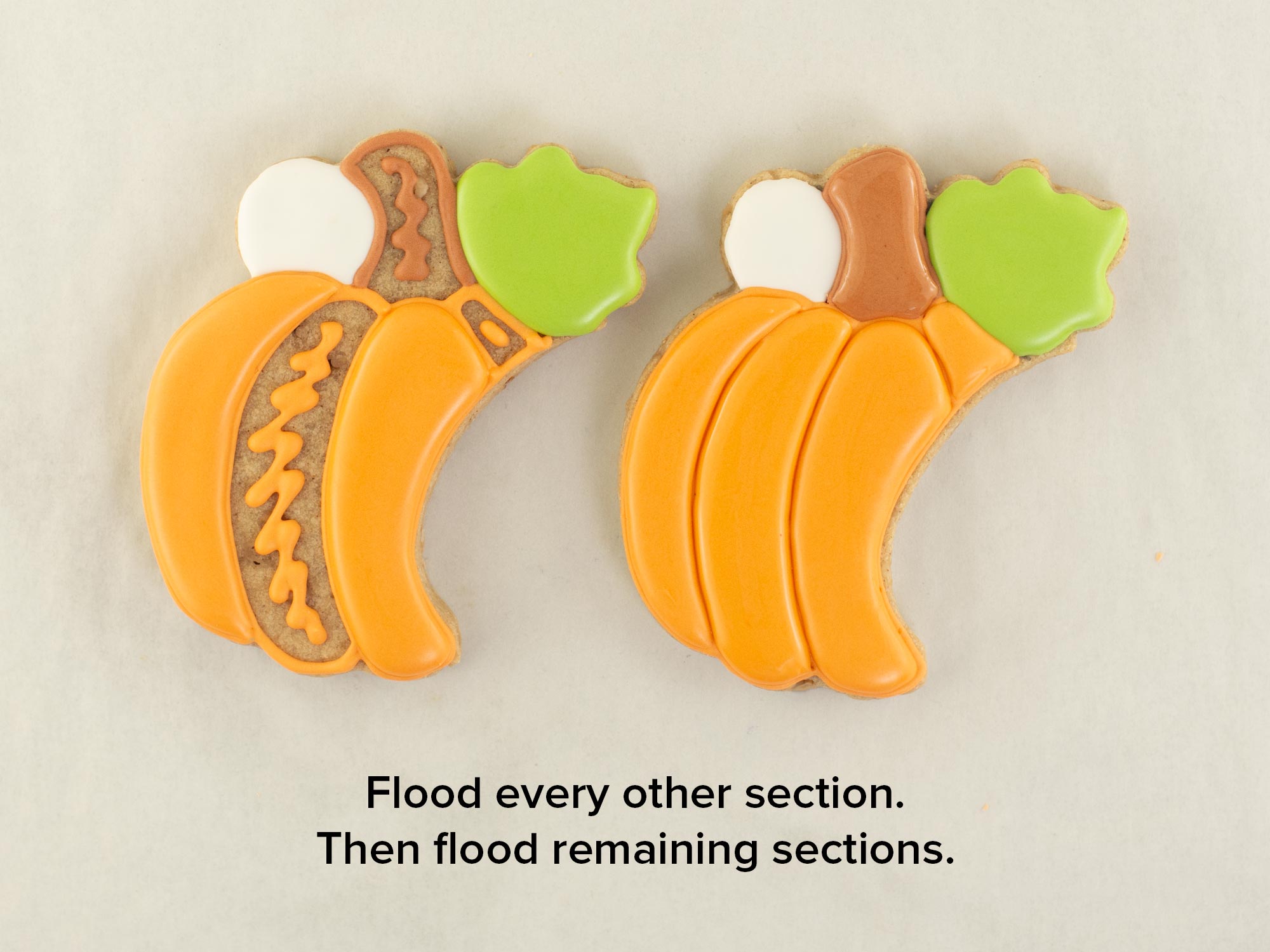 flooding alternating sections of the pumpkin cookie