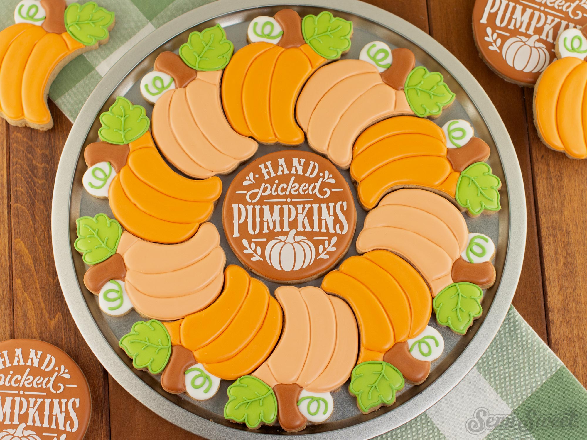 top view of an overlapping pumpkin cookie platter