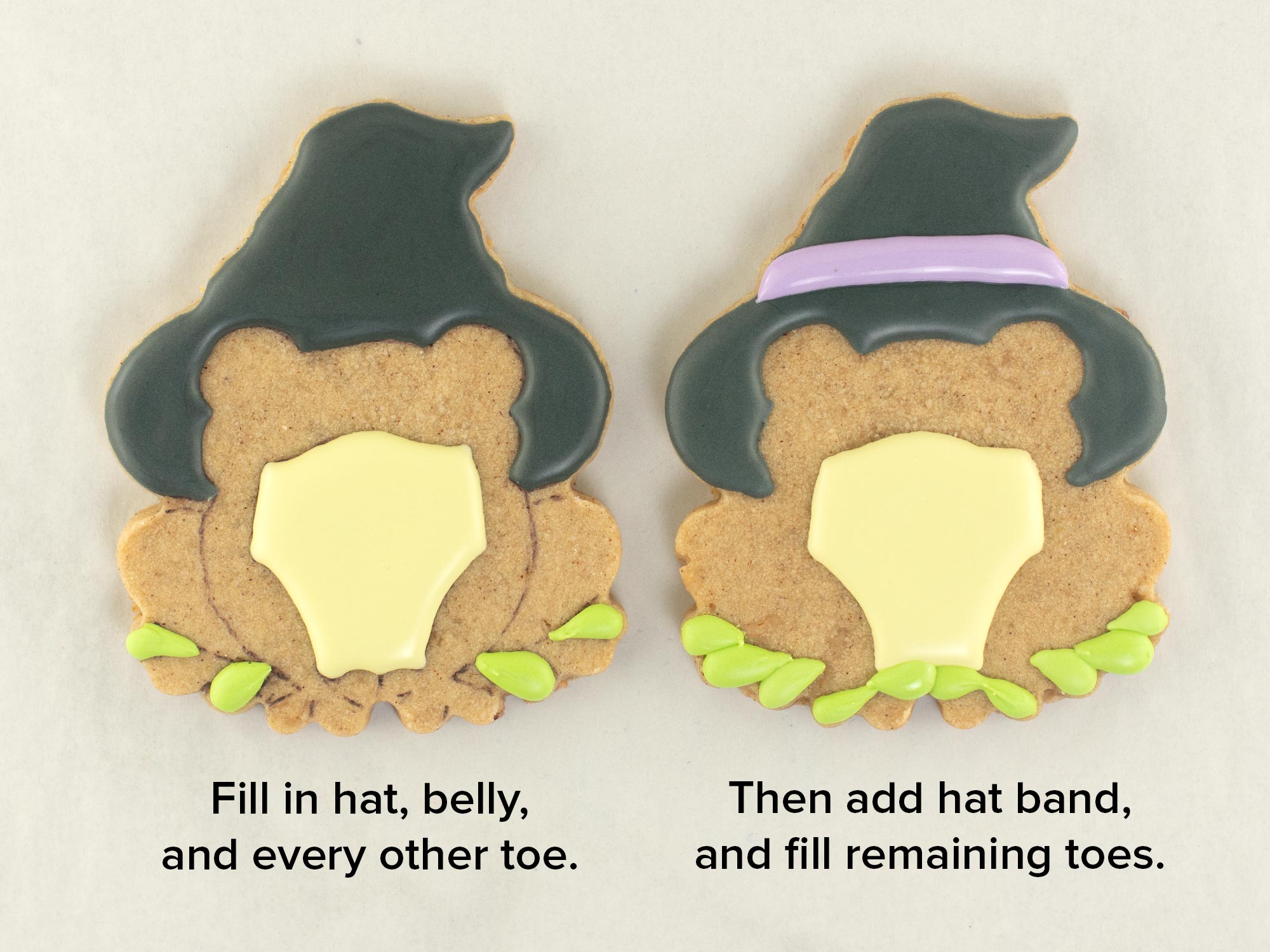 the first step of decorating a witch frog cookie with royal icing 