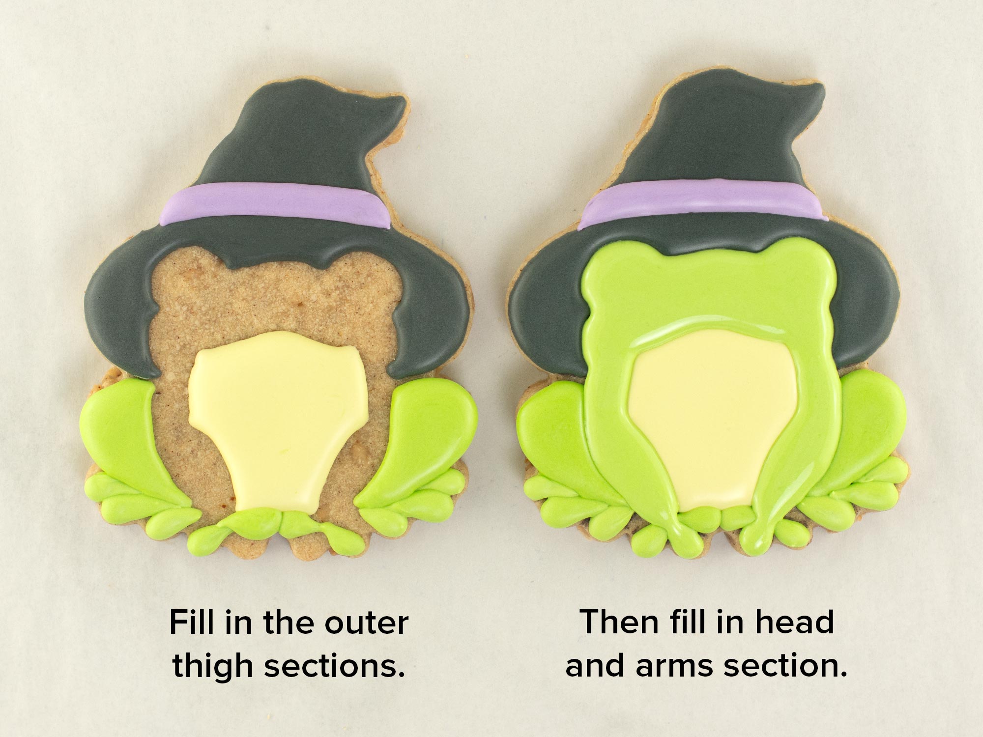second step for decorating witch frog cookie with royal icing