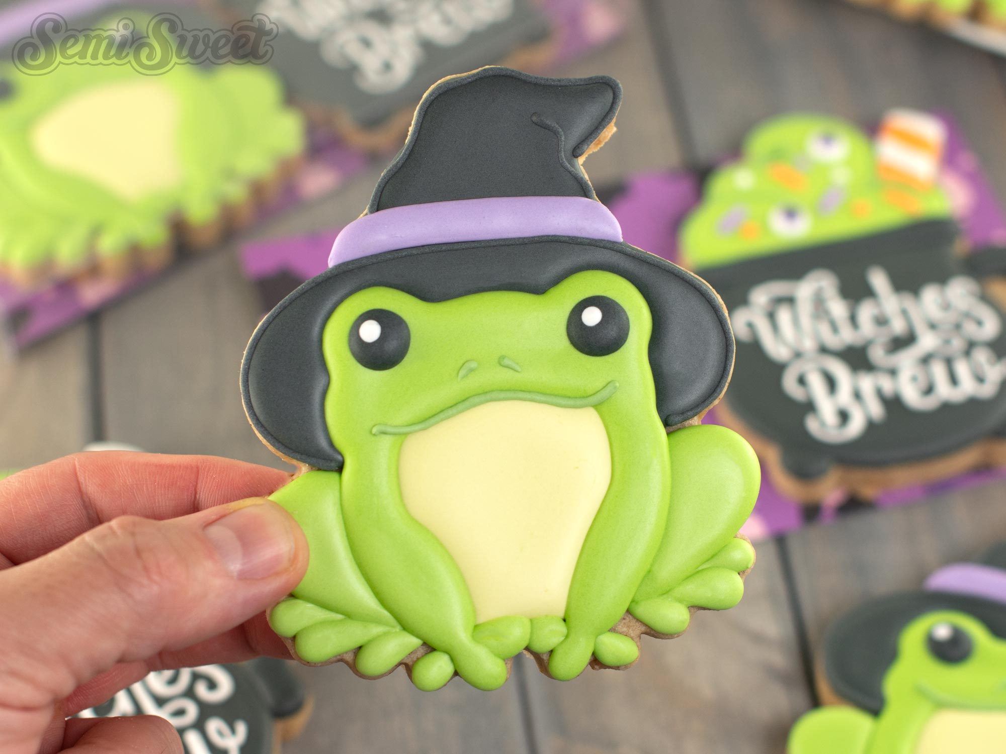 a cute witch frog cookie decorated with royal icing for Halloween 