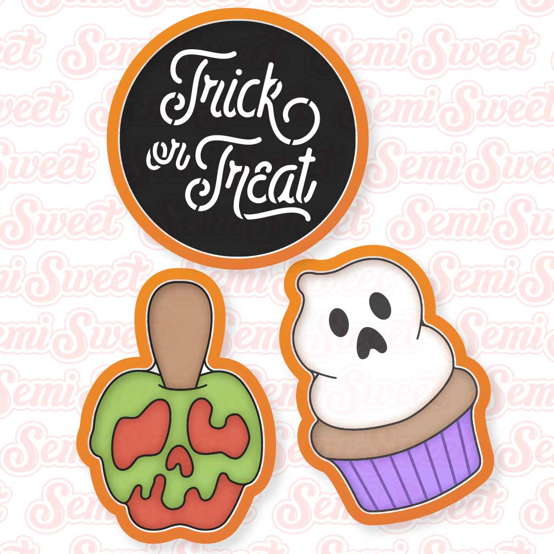Halloween cookie platter cutter set with poisoned caramel apple, ghost cupcake, and Trick or Treat center cookie shapes